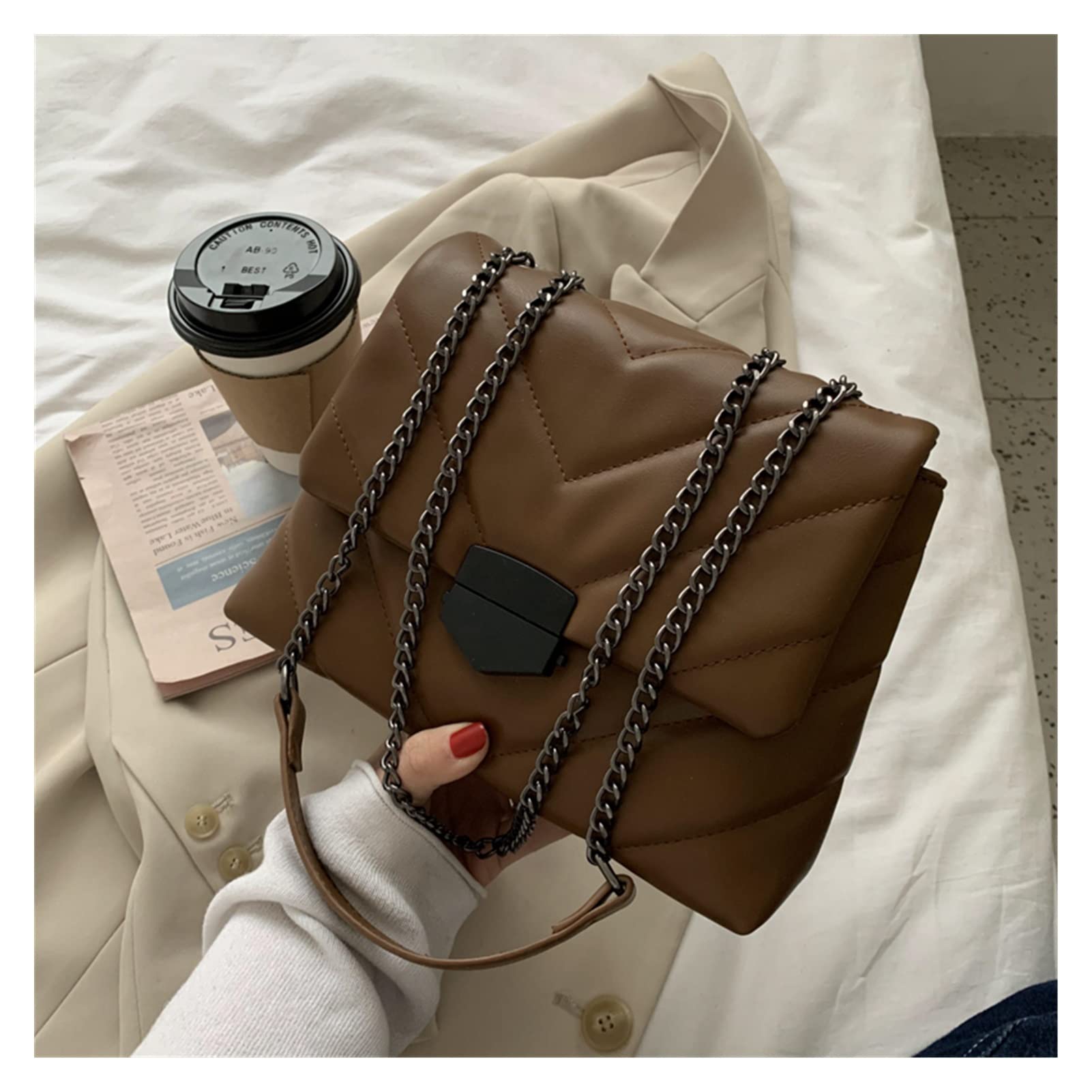 ZHUZHU Designer Quilted Shoulder Bag for Women - Luxury PU Leather Crossbody Tote with Small Flap Wallet (Coffee) | Perfect for Work, Travel & Everyday Use