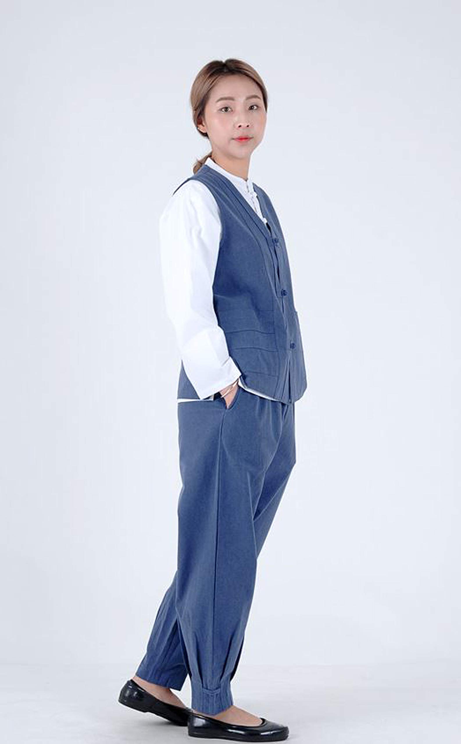 Modern Hanbok Women's Daily Comfortable Korean Traditional Outfit - 100% Cotton Washed Vest & Pants Set in Blue | Perfect for Cultural Events, Festivals and Casual Wear