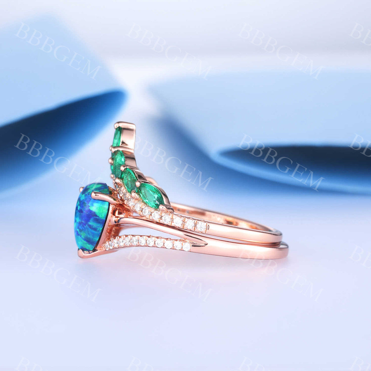 Art Deco Style Diamond & Black Opal Engagement Ring Set with Marquise Cut Emerald Eternity Band - Vintage Wedding Jewelry for Brides & Anniversary Gifts
