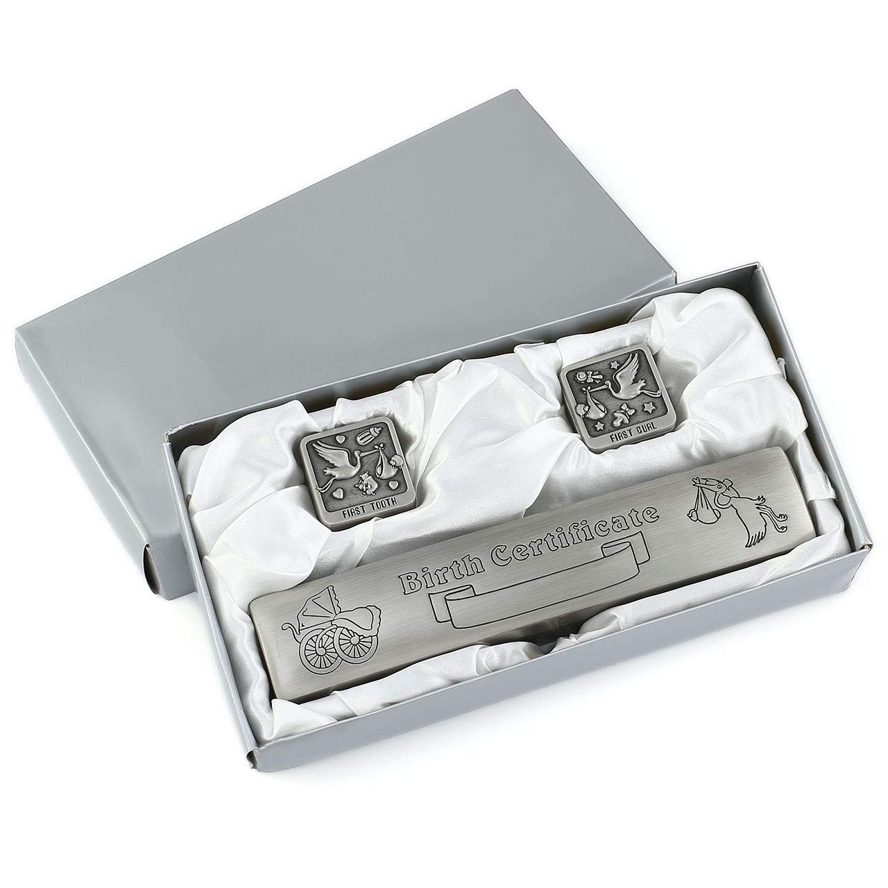 Premium Silver Birth Certificate Holder Set with First Tooth & Curl Keepsake Box - Baby Memory Organizer for Newborns, Christening Gifts, and Family Heirlooms - Perfect for Baby Showers, Baptisms, and Cherished Keepsakes