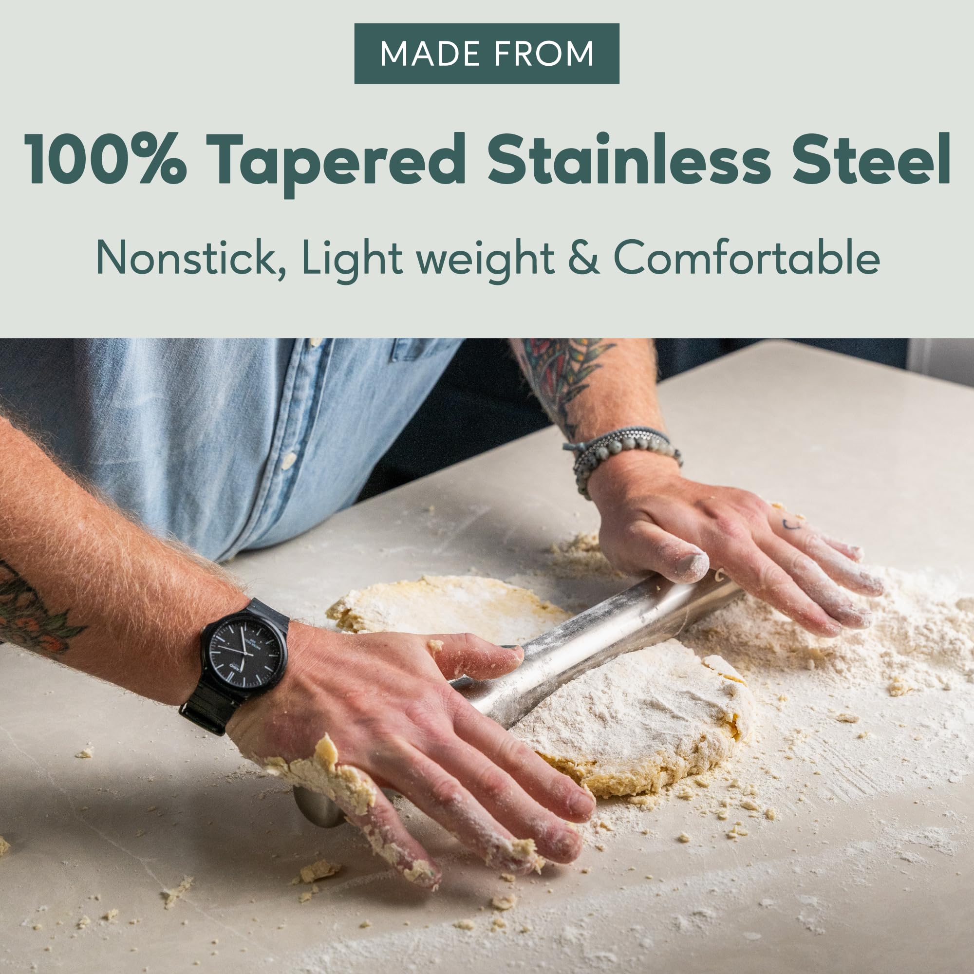 Professional Stainless Steel Rolling Pin - Ultra Smooth Surface & Tapered Design for Chocolate, Pie Crust, Cookies & Pastry - Perfect for Home Baking & Professional Kitchens