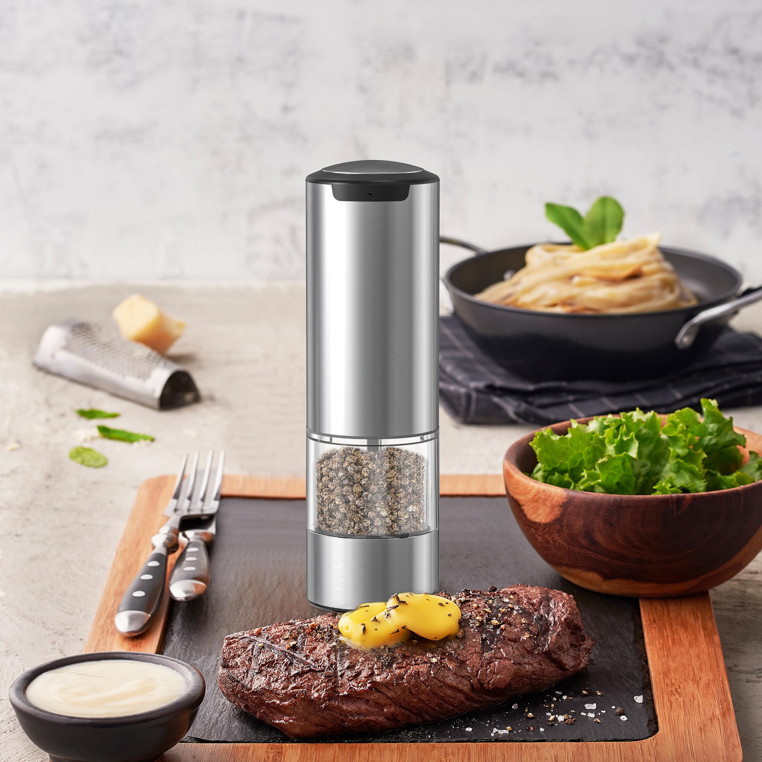 Rechargeable Electric Pepper Grinder & Salt Mill - LED Stainless Steel One-Hand Automatic Operation, Adjustable Coarseness, Refillable - Perfect for Kitchen, Dining Table & Camping Use