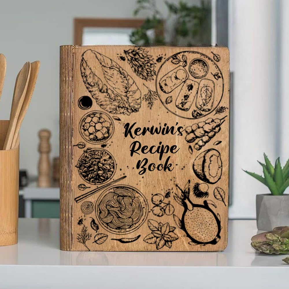 Personalized Wooden Recipe Book Binder - Custom Family Cookbook Journal with Wood Cover - A4 Sketchbook for Writing Recipes - Perfect Gift for Mom, Christmas, Housewarming & Bridal Shower - Ideal for Home Chefs, Recipe Collectors & Food Lovers (Style 12)