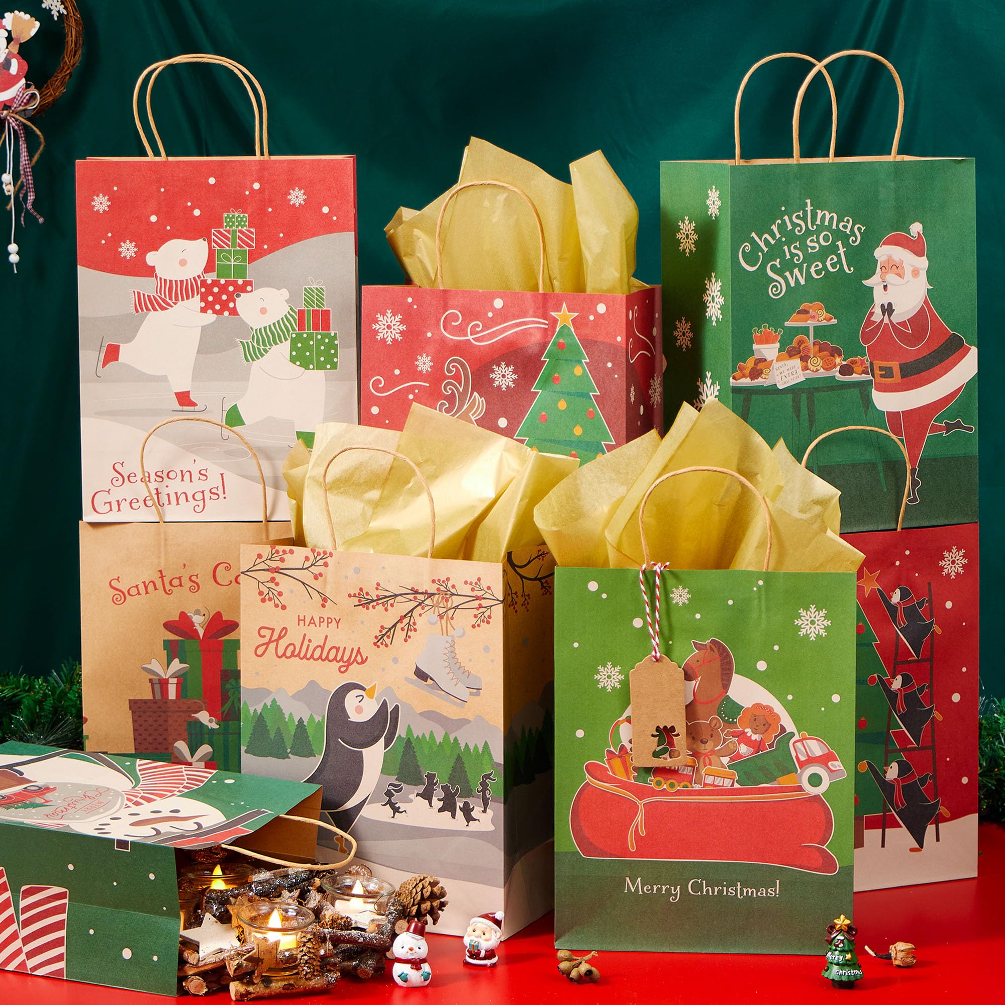 JOYIN 24-Pack Christmas Kraft Paper Gift Bags with Twine Handles, 10x13x5 Inch Large Holiday Present Wrapping Bags for Xmas Party Favors, Goodie Bags & Gift Giving - Perfect for Christmas Parties, Office Gifts & Holiday Celebrations
