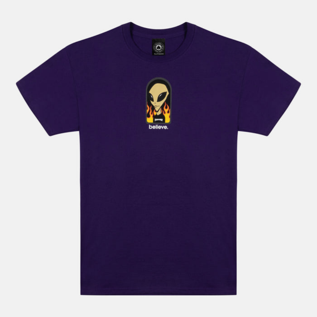 Thrasher x AWS Believe Short Sleeve T-Shirt for Men & Women - Purple Cotton Graphic Tee for Skateboarding, Streetwear & Casual Outfits