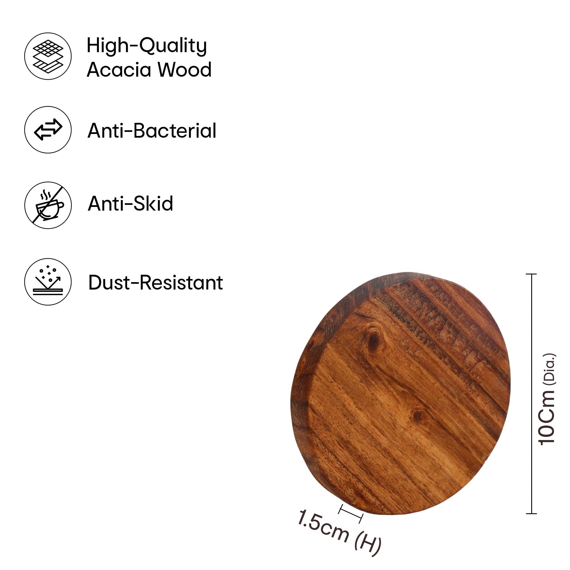 Anko Set of 4 Acacia Wood Coasters for Drinks - Reversible Tea & Coffee Coasters with Heat & Stain Resistance - 10cm Round Coasters for Dining Table, Coffee Mugs, Beer Cans & Water Glasses - Perfect for Home, Office & Restaurant Use