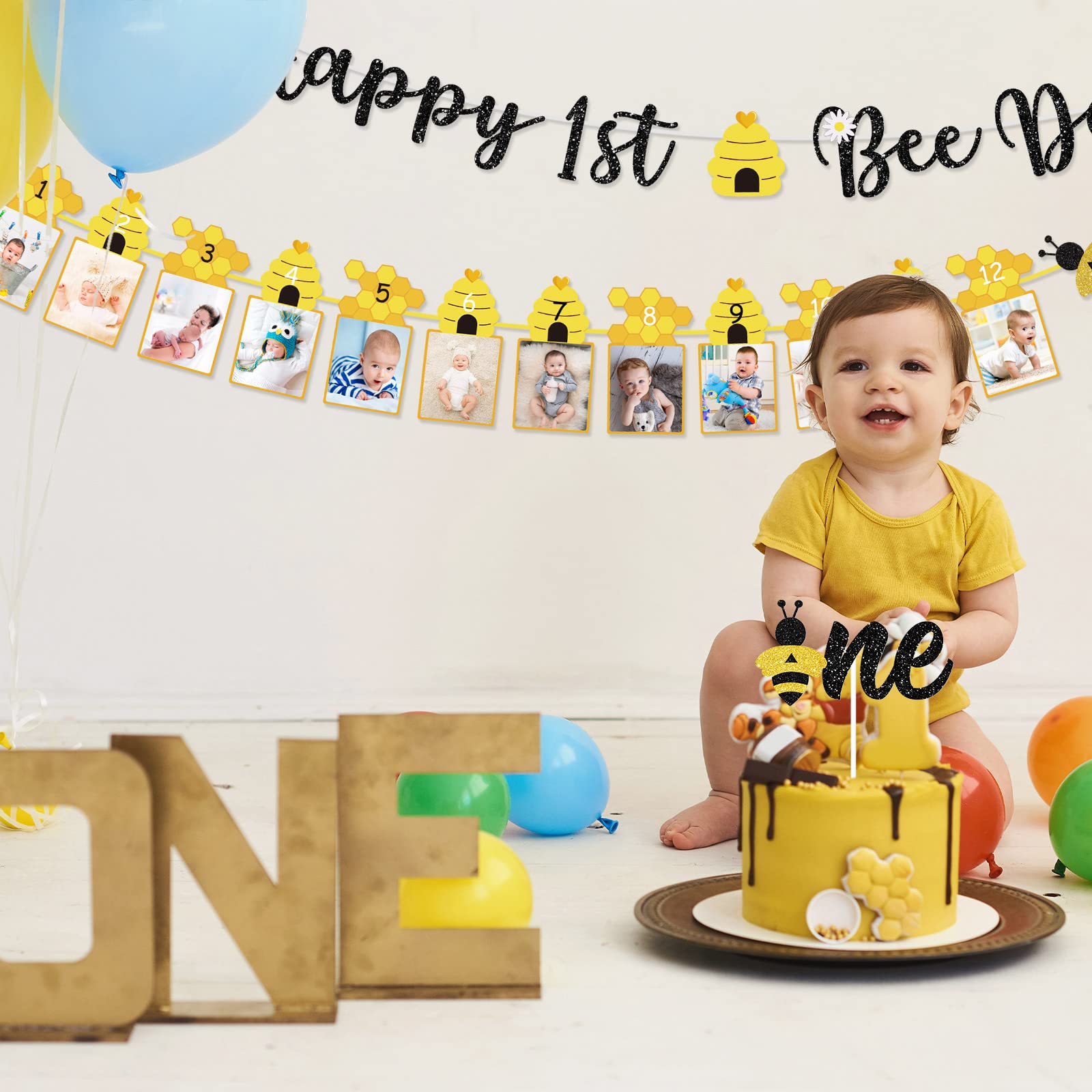 3 Pcs Happy 1st Bee Day Party Decorations - Bumble Honey Bee Birthday Banner, Cake Topper & Photo Props for Baby Boys Girls Newborn | Bee-Themed 1st Birthday Party Supplies for Cake Decor & Nursery Decor