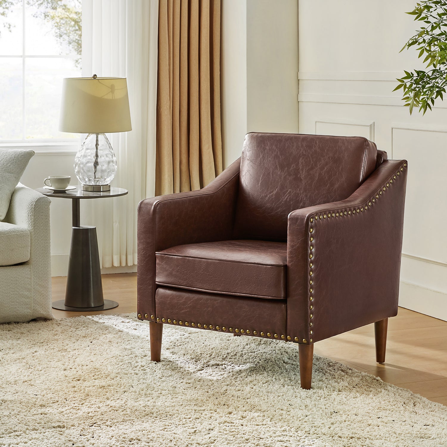 Rafaella Vegan Leather Armchair with Solid Wood Legs - Modern Vegan Leather Lounge Chair with Sturdy Wooden Legs for Living Room, Office, or Reading Nook
