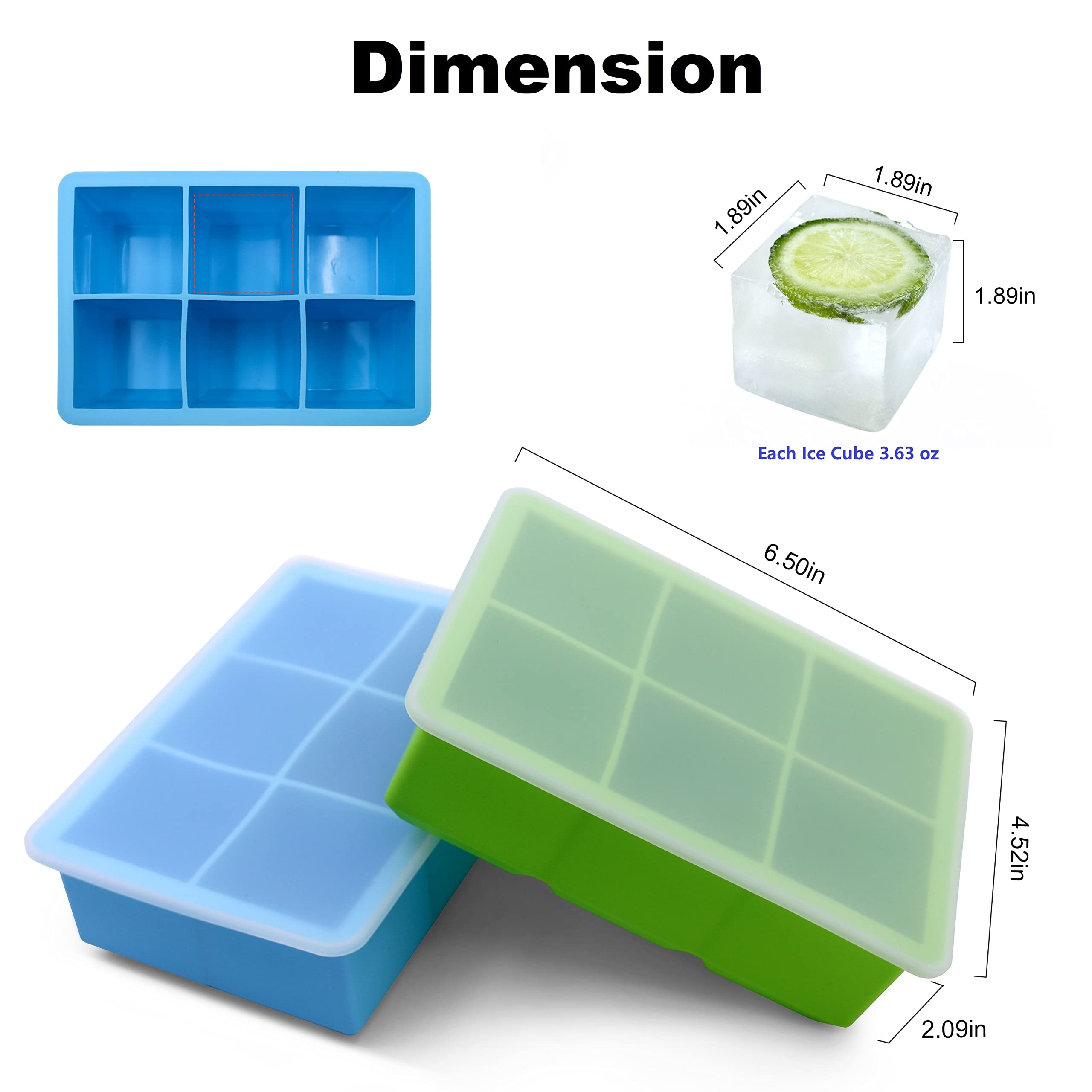 Large Silicone Ice Cube Trays with Lid - 6 Grid Square Freezer Ice Cube Mold for Easy-Release Reusable Ice Pops, Perfect for Cocktails, Iced Coffee & Home Bars (1 Pack)