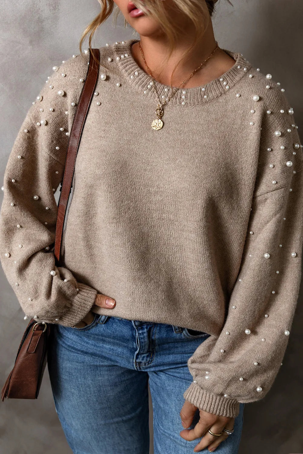 Plus Size Women's Pearl Embellished Round Neck Long Sleeve Knit Sweater - Elegant Winter Fashion for Office & Holiday Parties