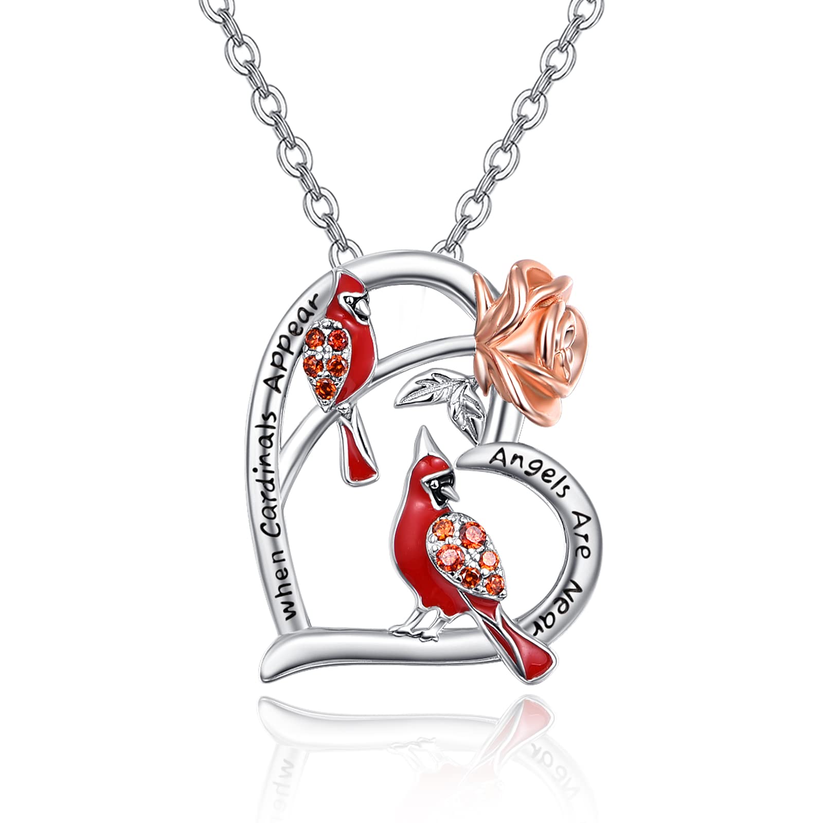 TANGPOET 925 Sterling Silver Cardinal Necklace - Memorial Jewelry Gift for Women, Heart Pendant with 'When Cardinals Appear Angels Are Near' Message - Perfect Birthday, Christmas, Anniversary Present for Her - Ideal for Remembrance, Spiritual Comfort & Special Occasions