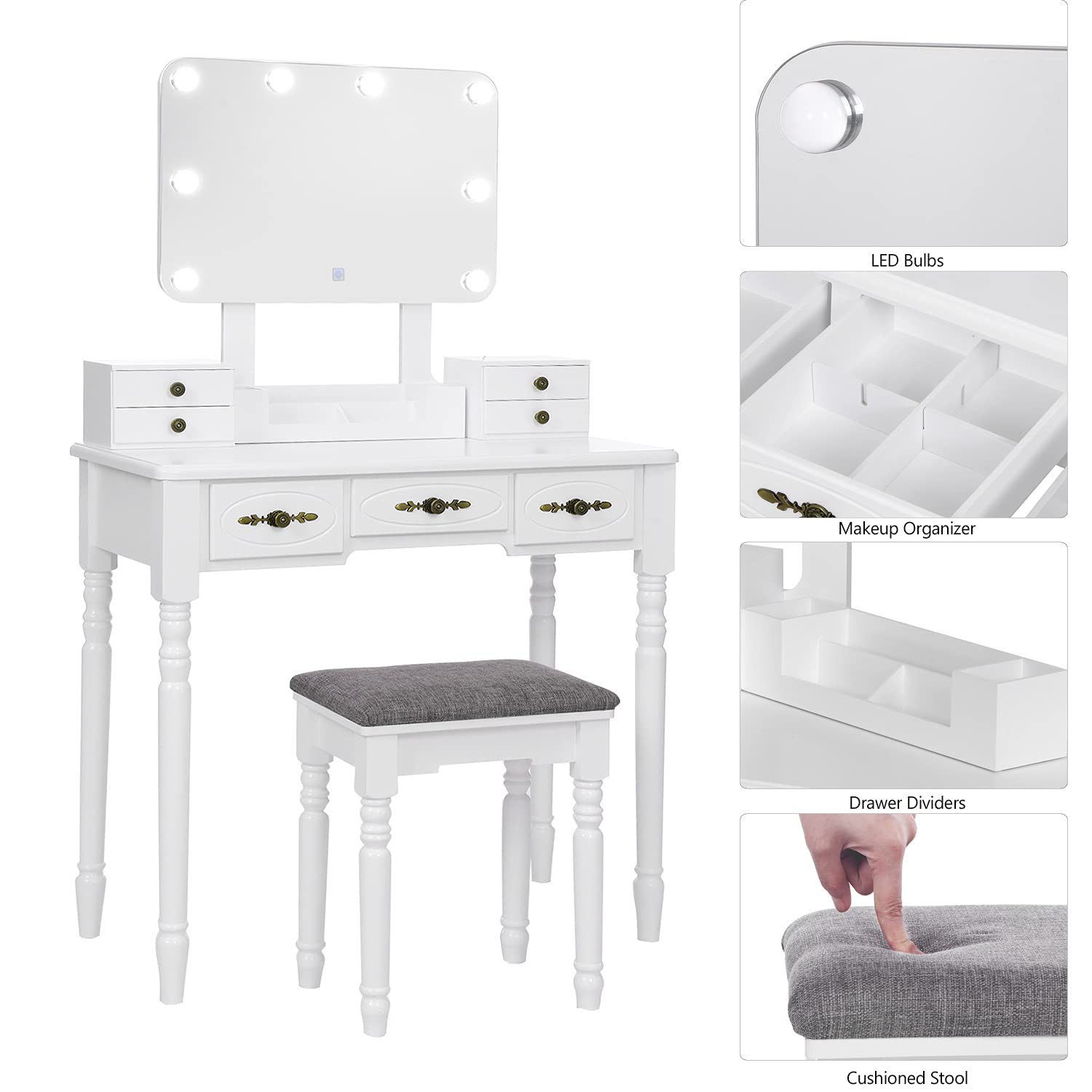BEWISHOME White Vanity Desk with Mirror and LED Lights - Makeup Vanity Set with 8 Adjustable Bulbs, 3 Color Modes, 7 Drawers & Stool - Modern Dressing Table for Bedroom, Bathroom or Salon (Model FST13W)