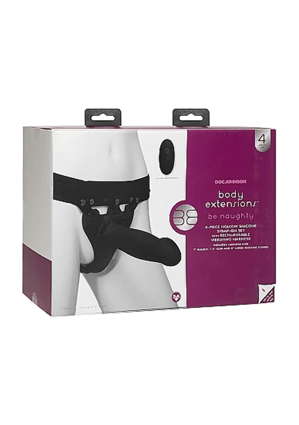 Doc Johnson Body Extensions BE Naughty Hollow Strap-On System - Remote Controlled Vibrating Silicone Harness with Elastic Waistband & 3 Hollow Dildos for Couples Play, Role Reversal & LGBTQ+ Intimacy