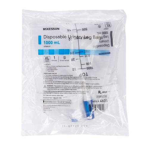 McKesson Sterile 1000mL Urinary Leg Bag with Anti-Reflux Valve - Comfortable & Leak-Proof for Daily Use, Travel, and Post-Surgery Care