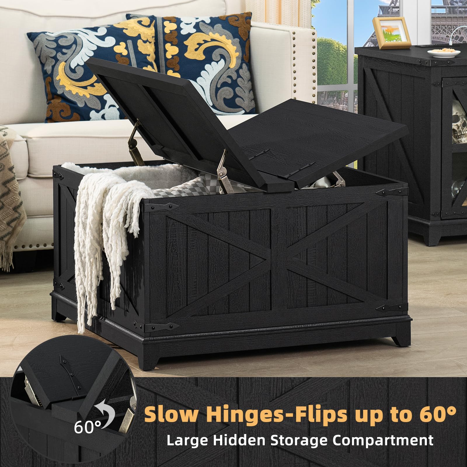 3-Piece Farmhouse Coffee Table Set with Charging Station & Hidden Storage - Large End/Side Tables & Coffee Table - Black Wood Living Room Furniture for Home, Office & Family Gatherings