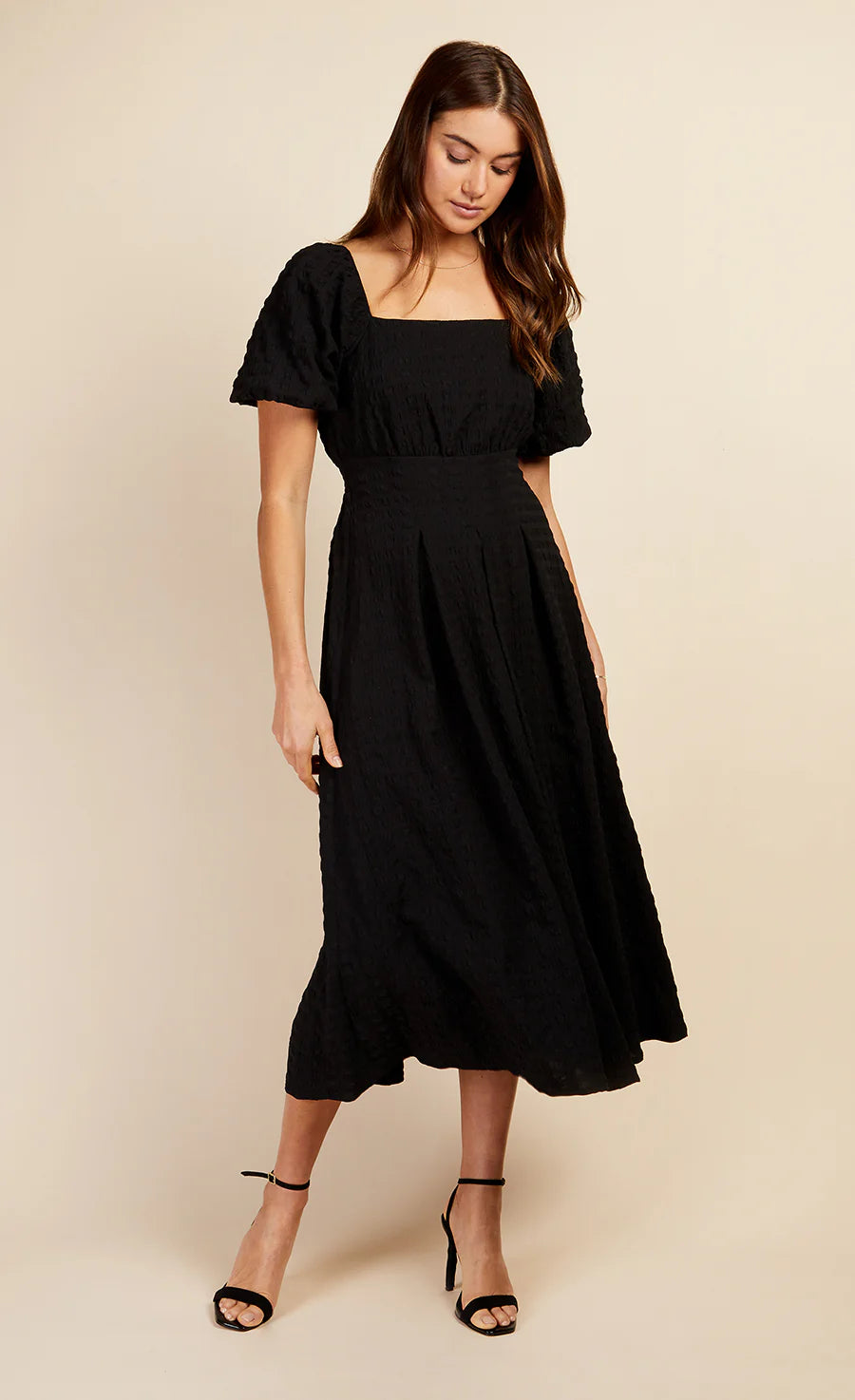 Clara Textured Puff Sleeve Midaxi Dress for Women - Elegant Black Flowy Midi Dress for Parties, Weddings & Date Nights