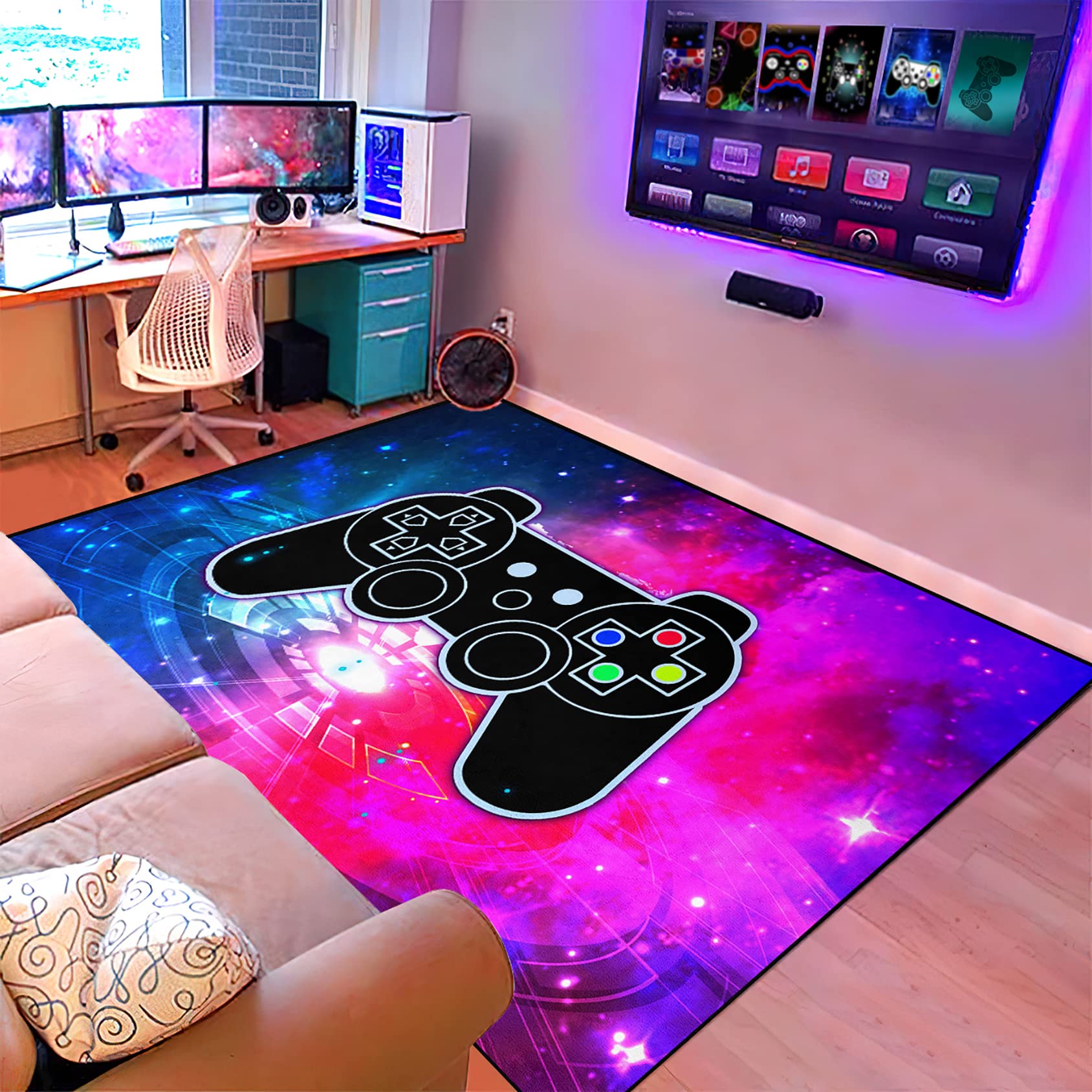 Premium Gamepad Printed Area Rug - 4'x5' Soft Polyester Floor Mat for Living Room, Bedroom & Game Room - Gamer Gift for Boys, Blue & Hot Pink Design - Perfect for Gaming Setup, Home Decor & Comfort