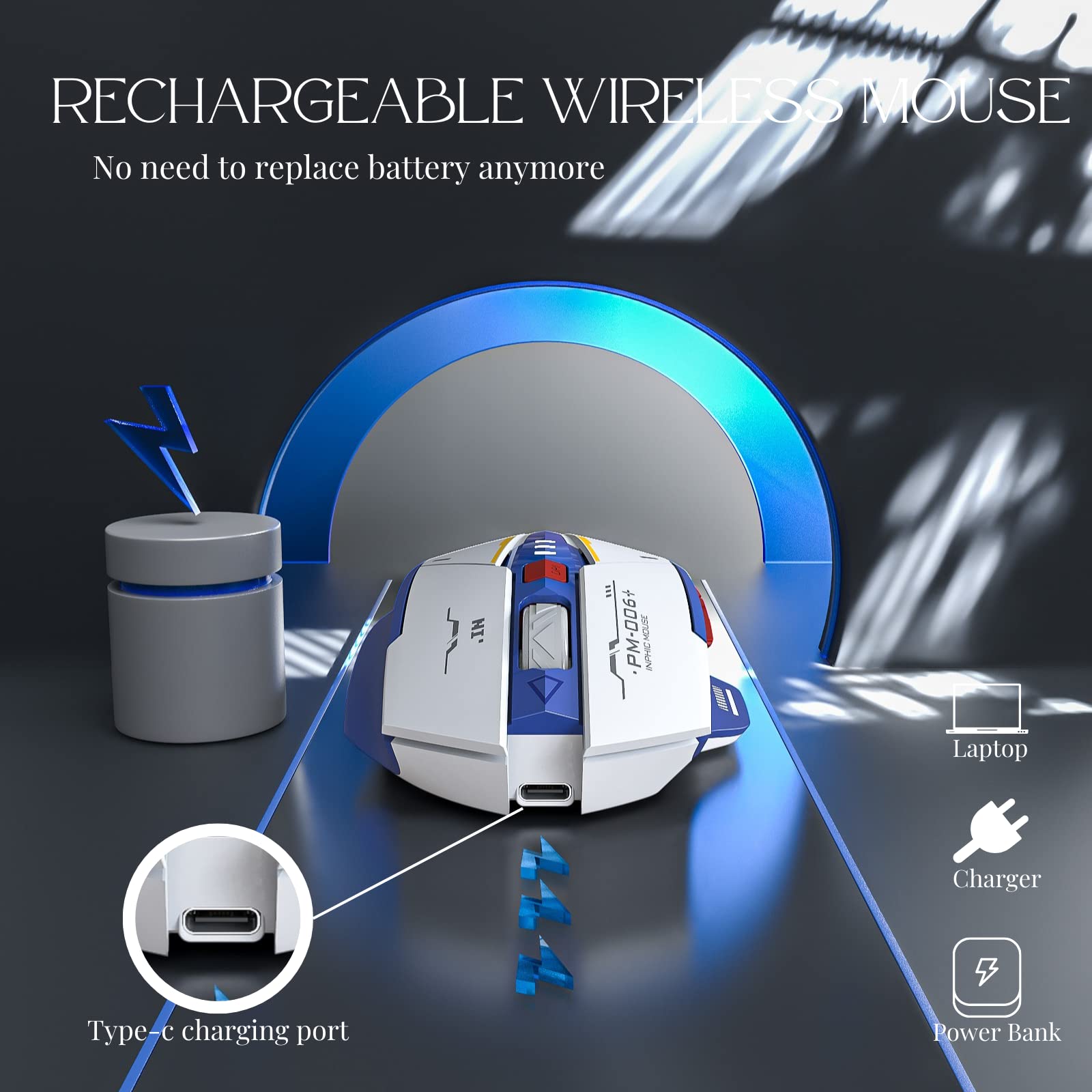 Rechargeable Wireless Mouse 2.4G USB Ergonomic Silent Computer Mouse with 3 Adjustable DPI Levels, Visible Battery Indicator, Blue & White Design for Laptop, PC, Office, and Home Use
