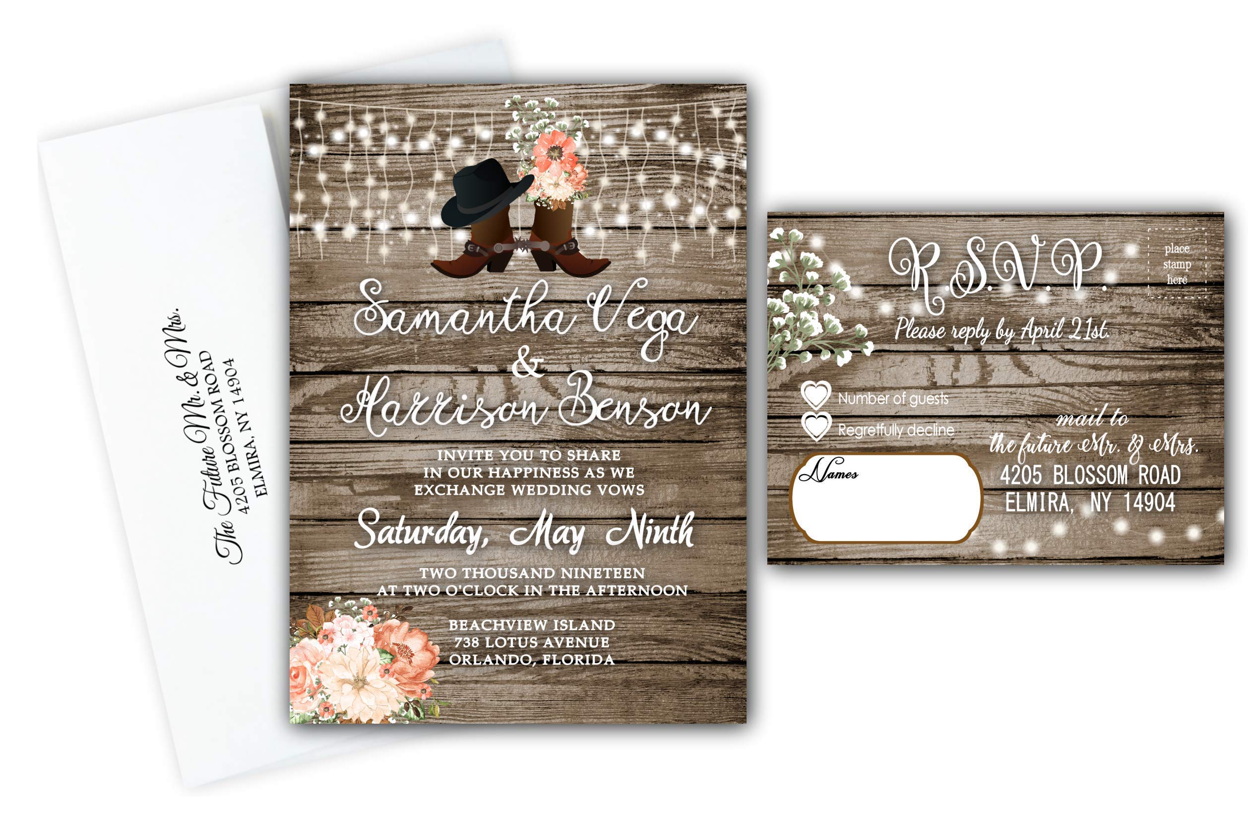 Personalized Country Boots Wedding Invitations - Custom Rustic Set of 50 with RSVP Cards in Pink & Brown - Perfect for Rustic Weddings, Barn Weddings & Country-Themed Events
