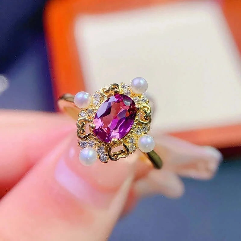 Baroque Rhodolite Pearl Rings for Women – Vintage Style Gemstone Jewelry – Perfect for Weddings, Parties & Special Occasions