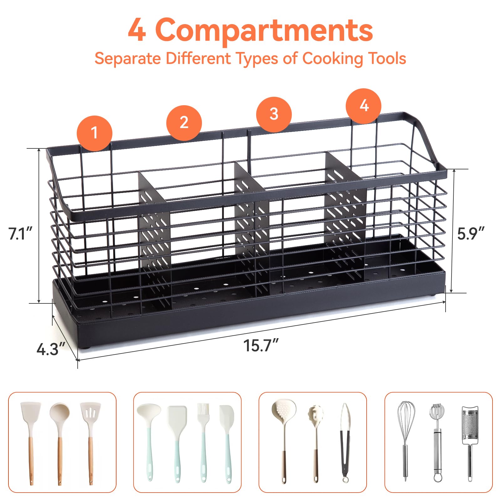 Large Kitchen Utensil Holder with 4 Compartments - Matte Black Metal Countertop Organizer for Cooking Tools | Perfect for Spoons, Spatulas & Kitchen Utensils Storage