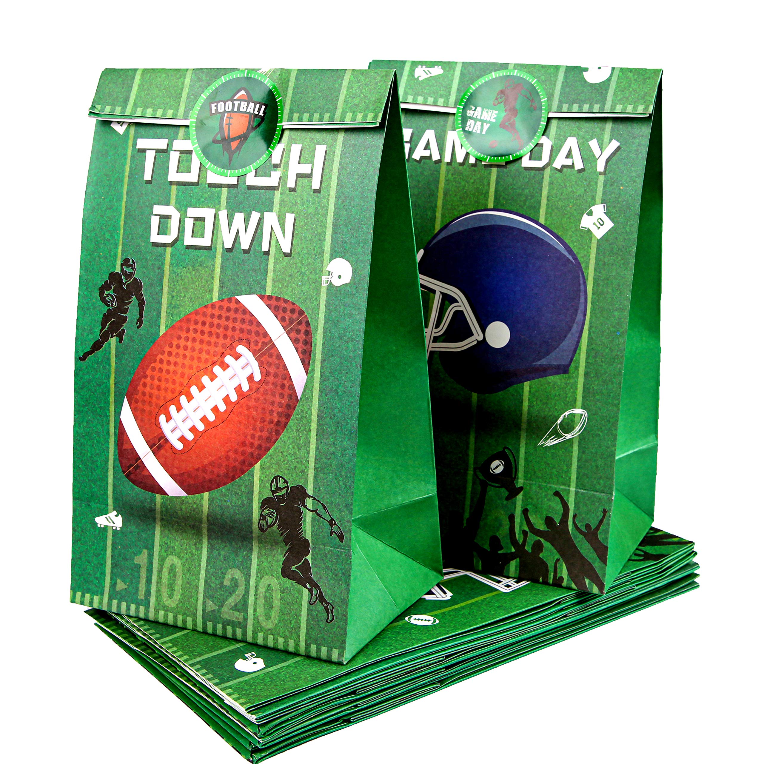 **PROLOSO 24 Pack Football Party Favor Bags with Stickers, Clips & Rope - Rugby Sports Treat Bags for Candy & Gifts - Football Theme Party Supplies for Kids, Birthday, Game Day & Tailgating**