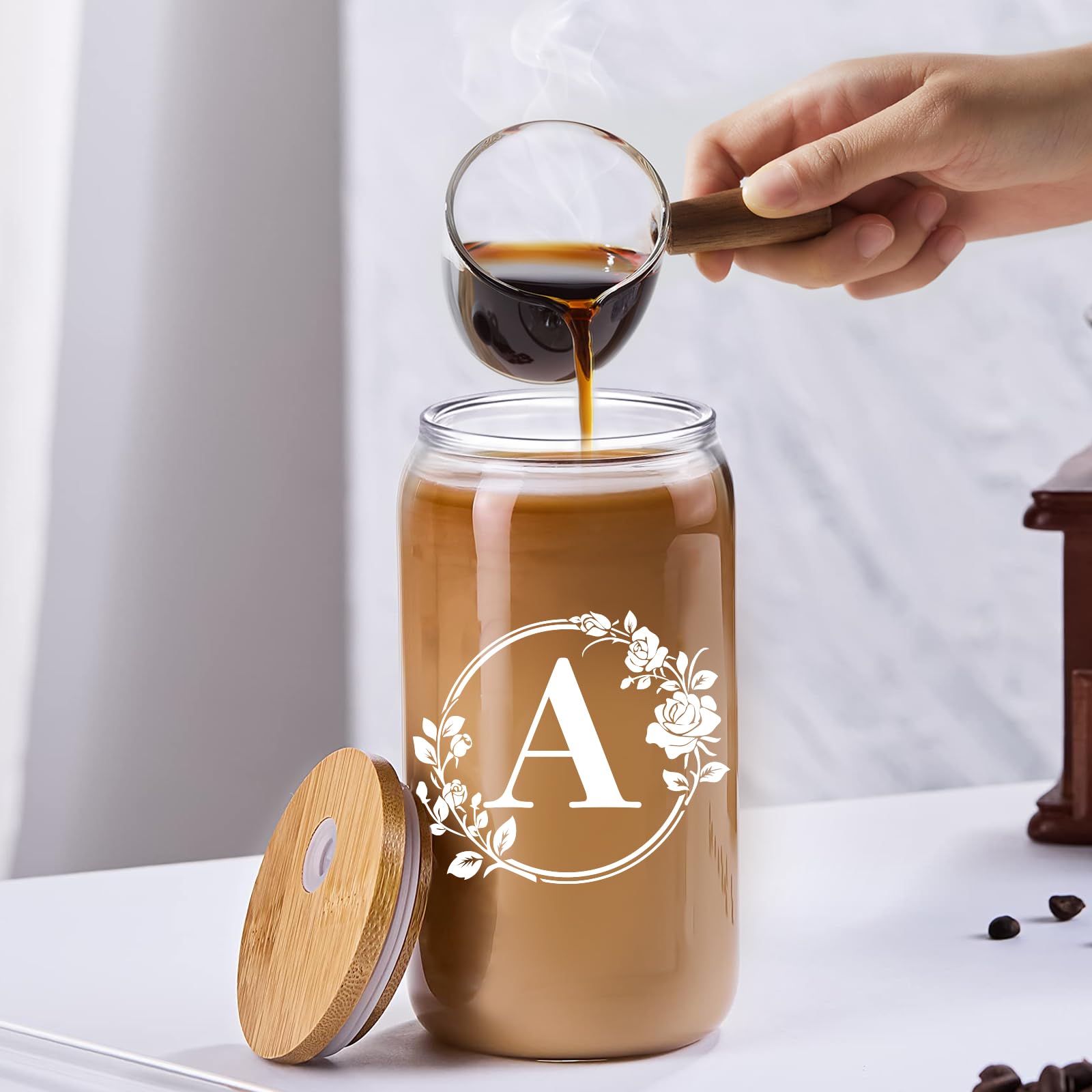 Personalized Monogrammed Initial Glass Cup - 16oz Beer Can Shaped Glass with Lid & Straw - Custom Birthday Christmas Gifts for Women - Perfect for Iced Coffee, Cocktails & Home Bar Decor
