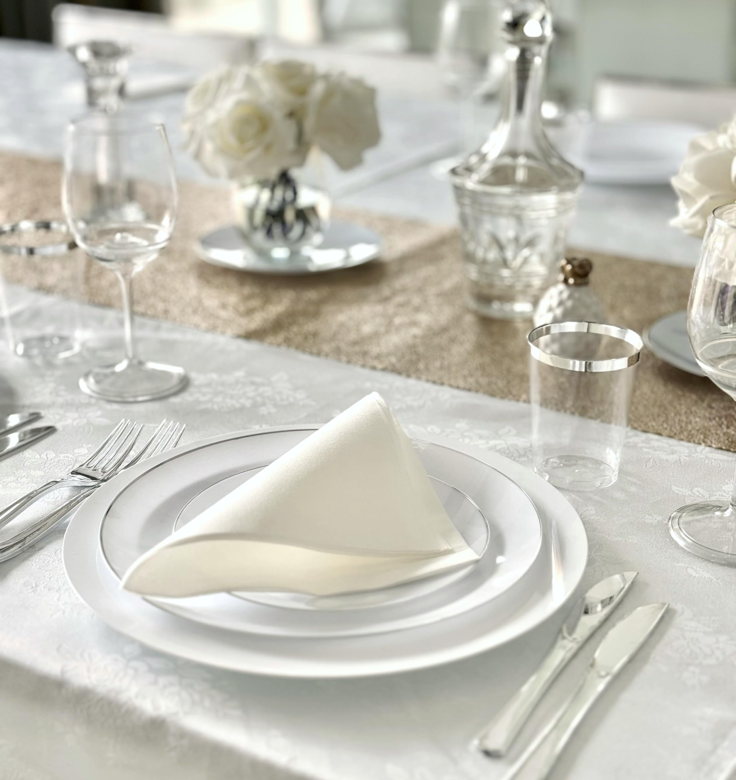 240-Pack Disposable Plastic Plates for Weddings & Parties - 10.25'' Elegant White & Silver Dinner Plates (Bali Design) - Perfect for Catering, BBQs, Birthdays & Special Events