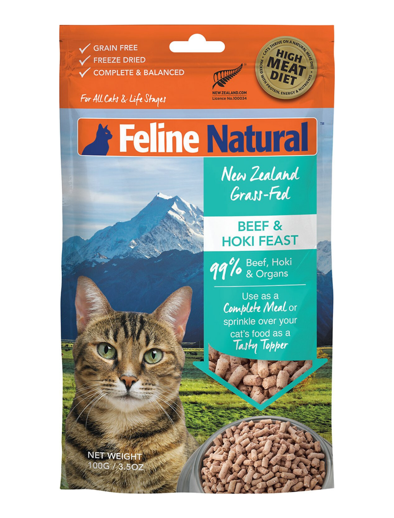 Feline Natural Freeze Dried Cat Food Topper - 100% Grass-Fed Beef & Hoki Recipe - 100g for Healthy Skin & Coat | Perfect for Picky Eaters & Senior Cats