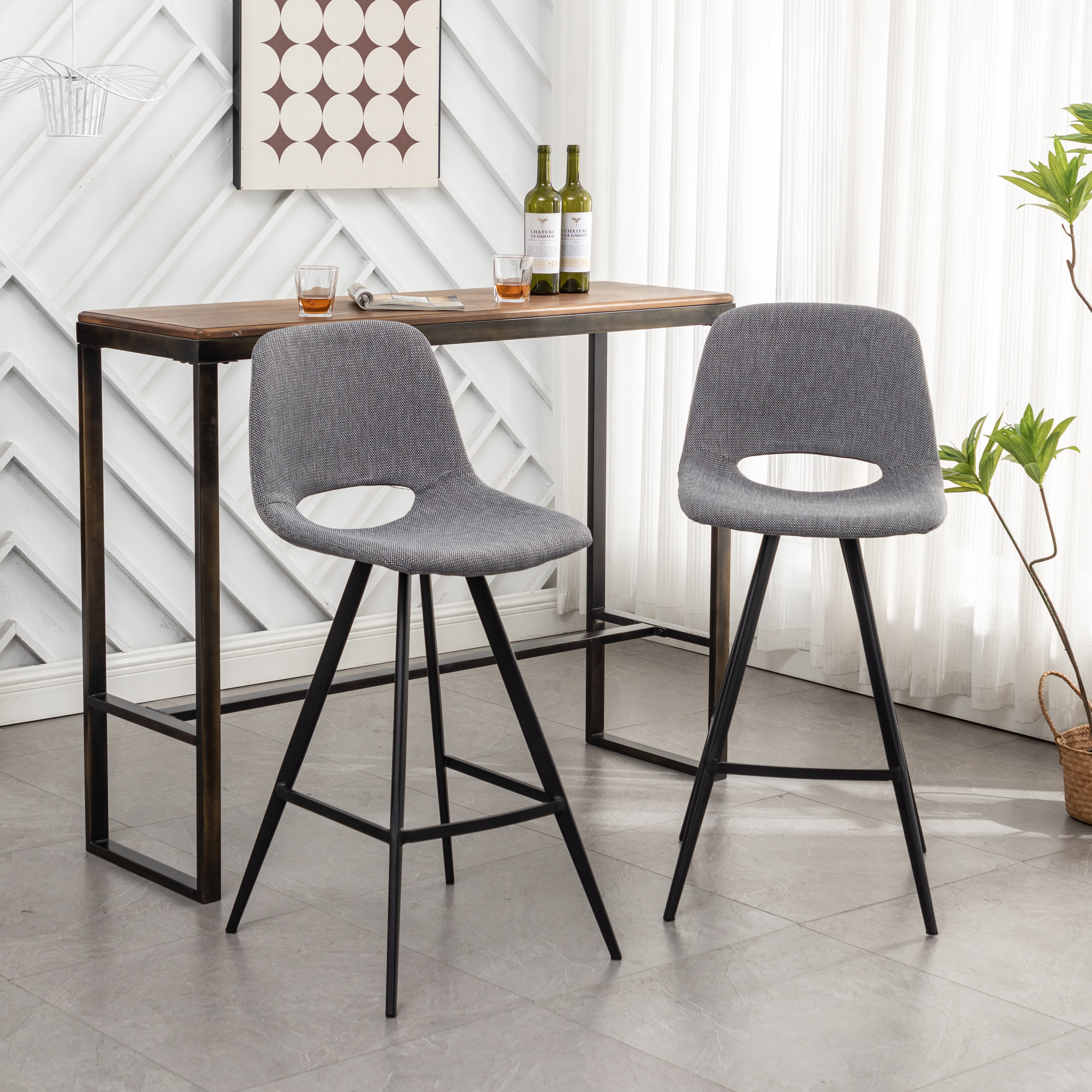 Roundhill Furniture Porth Fabric Kitchen Barstools Set of 2 - 28.25 Inch Height, Gray Upholstered Counter Stools for Kitchen Island, Breakfast Nook & Home Bar Seating