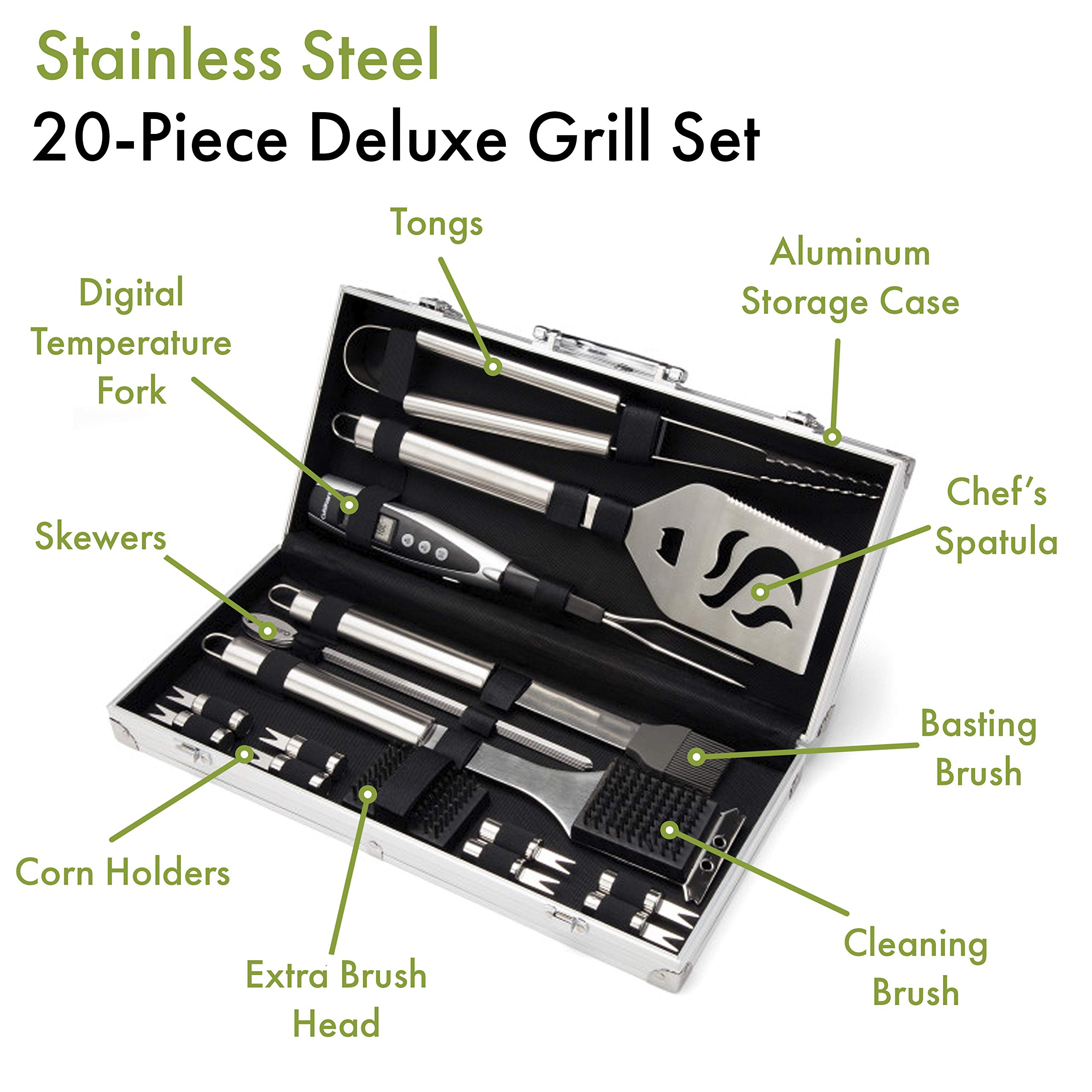 Premium Cuisinart Deluxe 20-Piece Stainless Steel Grill Set with Non-Stick Grill Wok - Perfect for BBQ, Outdoor Cooking & Backyard Parties - Model CGS-5020 & CNW-328