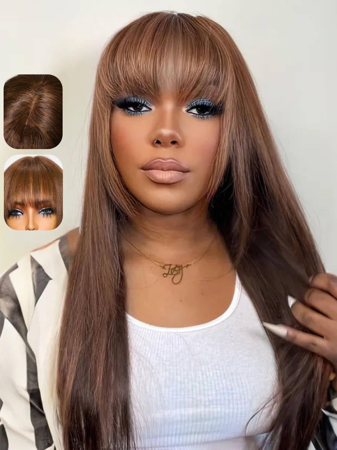 Beauty Forever Chocolate Brown Yaki Straight Human Hair Wig with Bangs - 18 Inch Glueless HD Lace Front Wig #4 Dark Brown (150% Density) | Affordable Layered Cut for Beginners | Perfect for Daily Wear, Cosplay & Protective Styling