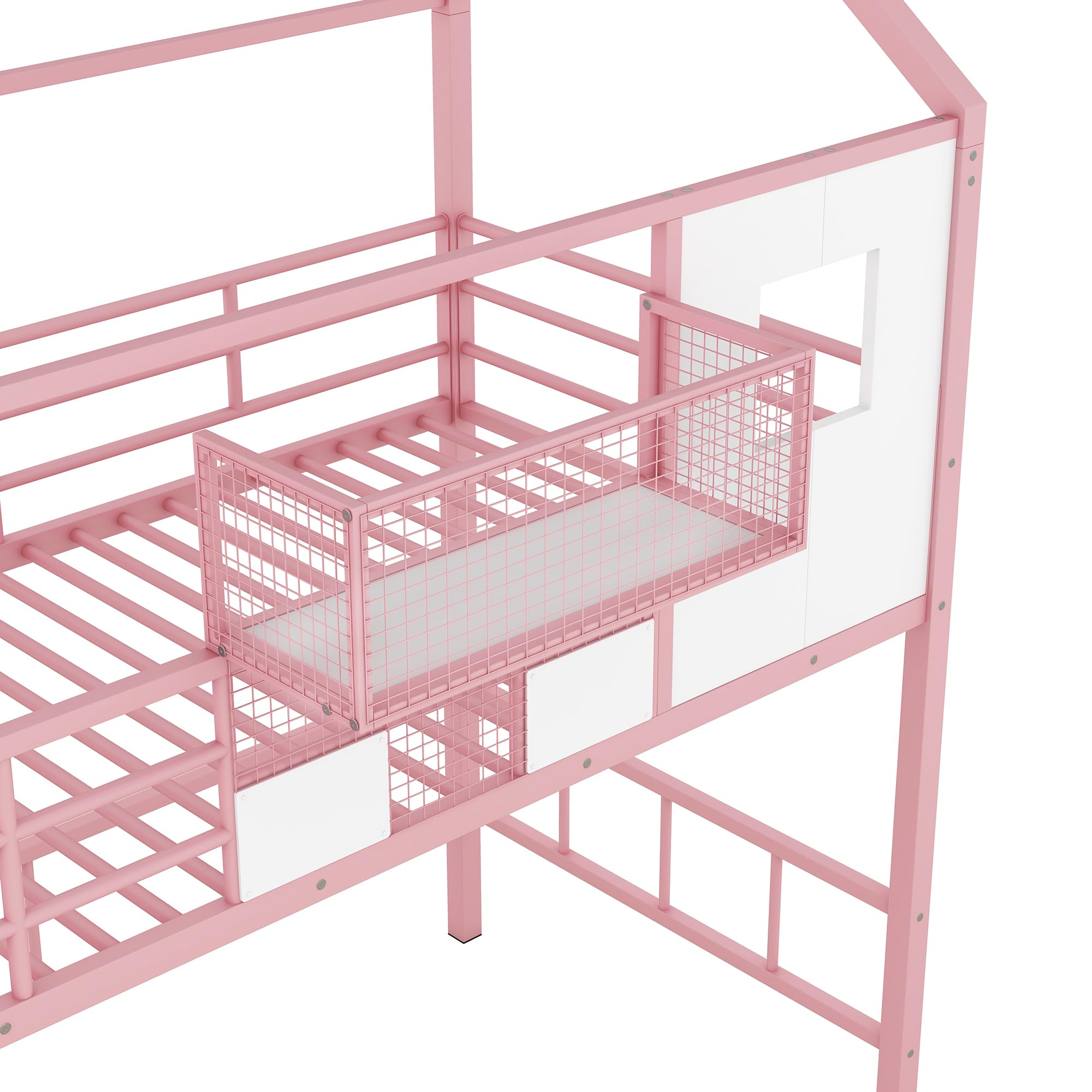 BOVZA Twin Size Loft Bed with Stairs, Roof & Storage - Metal Low Loft Bed Frame with Safety Guardrails for Kids & Teens - Pink & White - Perfect for Small Bedrooms, Dorm Rooms & Kids' Play Areas