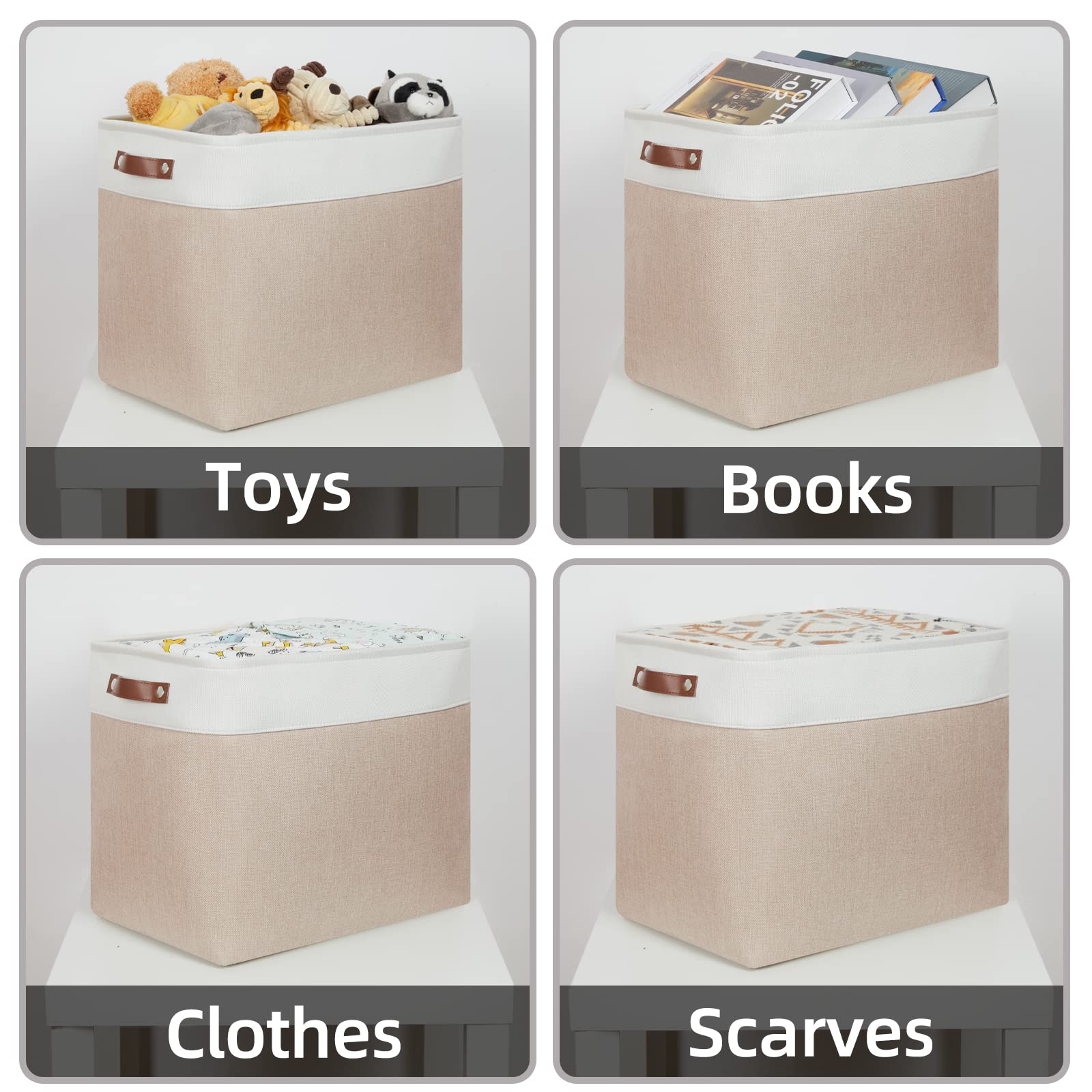 Large Fabric Storage Basket for Shelves - Collapsible Canvas Bin with Handles for Home & Closet Organization (White/Beige) - Perfect for Bedroom & Nursery Storage