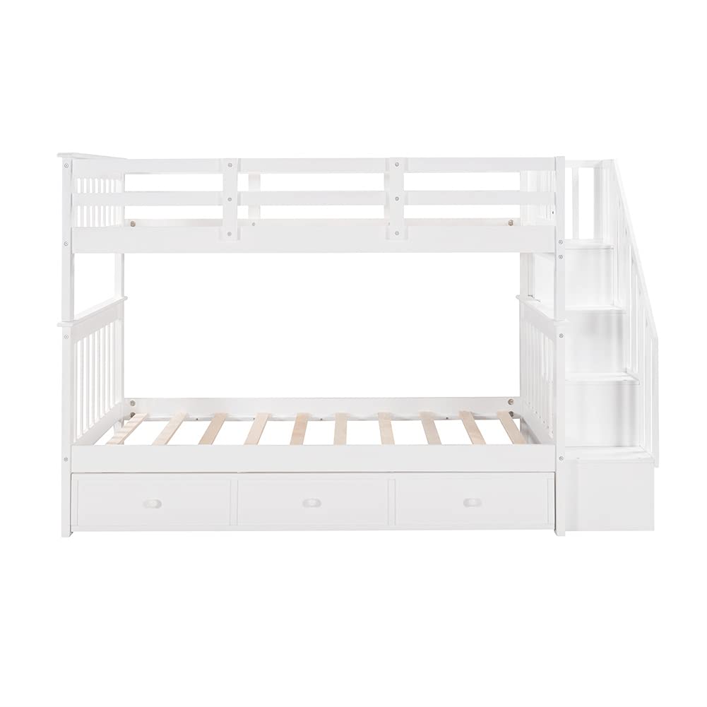 Twin Over Twin Bunk Bed with 3 Drawers & Staircase - Solid Wood Loft Bed for Kids, Teens, Dorm Rooms - White Space-Saving Bunk Bed with Ample Storage - Perfect for Small Bedrooms, Guest Rooms & Shared Kids' Rooms