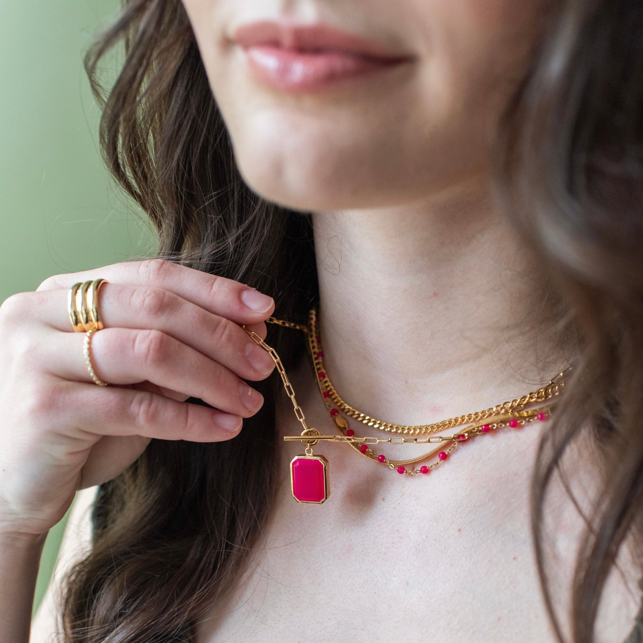 Vintage Solitaire Toggle Necklace with Hot Pink Chalcedony - Elegant Jewelry for Women, Perfect for Parties, Weddings & Special Occasions