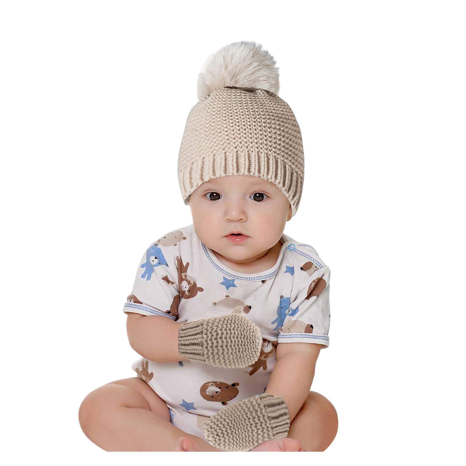 Newborn Baby Beanie Hat Set for Boys & Girls - Soft Cotton Knitted Winter Warm Hats with Matching Gloves (Mittens) - Perfect for Cold Weather, Outdoor Activities, and Newborn Photography
