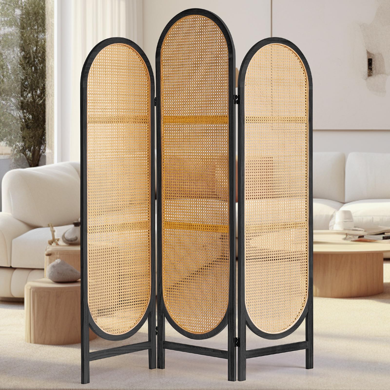 3-Panel Rattan Room Divider Screen - Foldable Privacy Partition with Unique Design | Freestanding Portable Room Separator for Home, Office & Events | Black