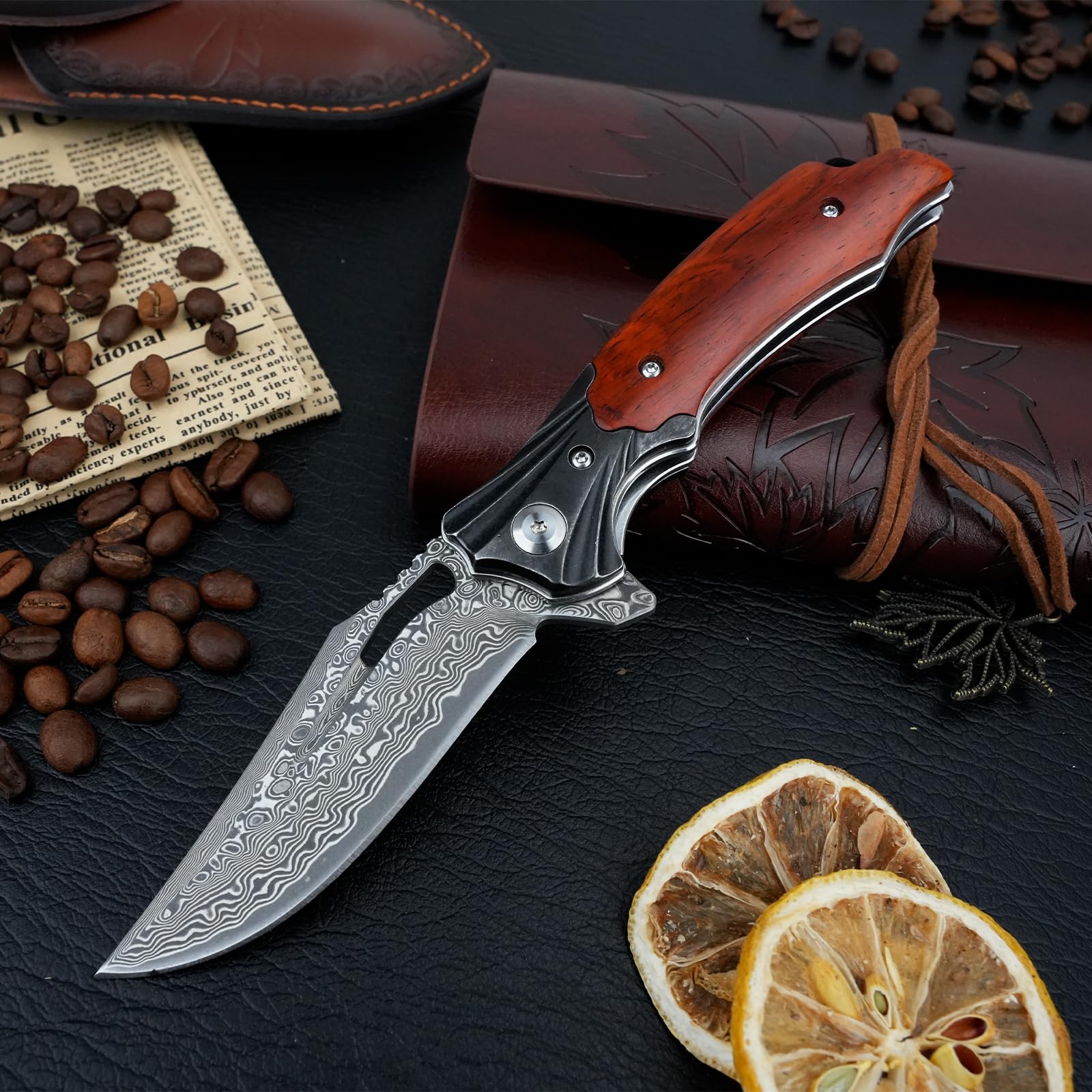 Premium Damascus Steel Folding Pocket Knife with Wood Handle & Sheath - 3.15