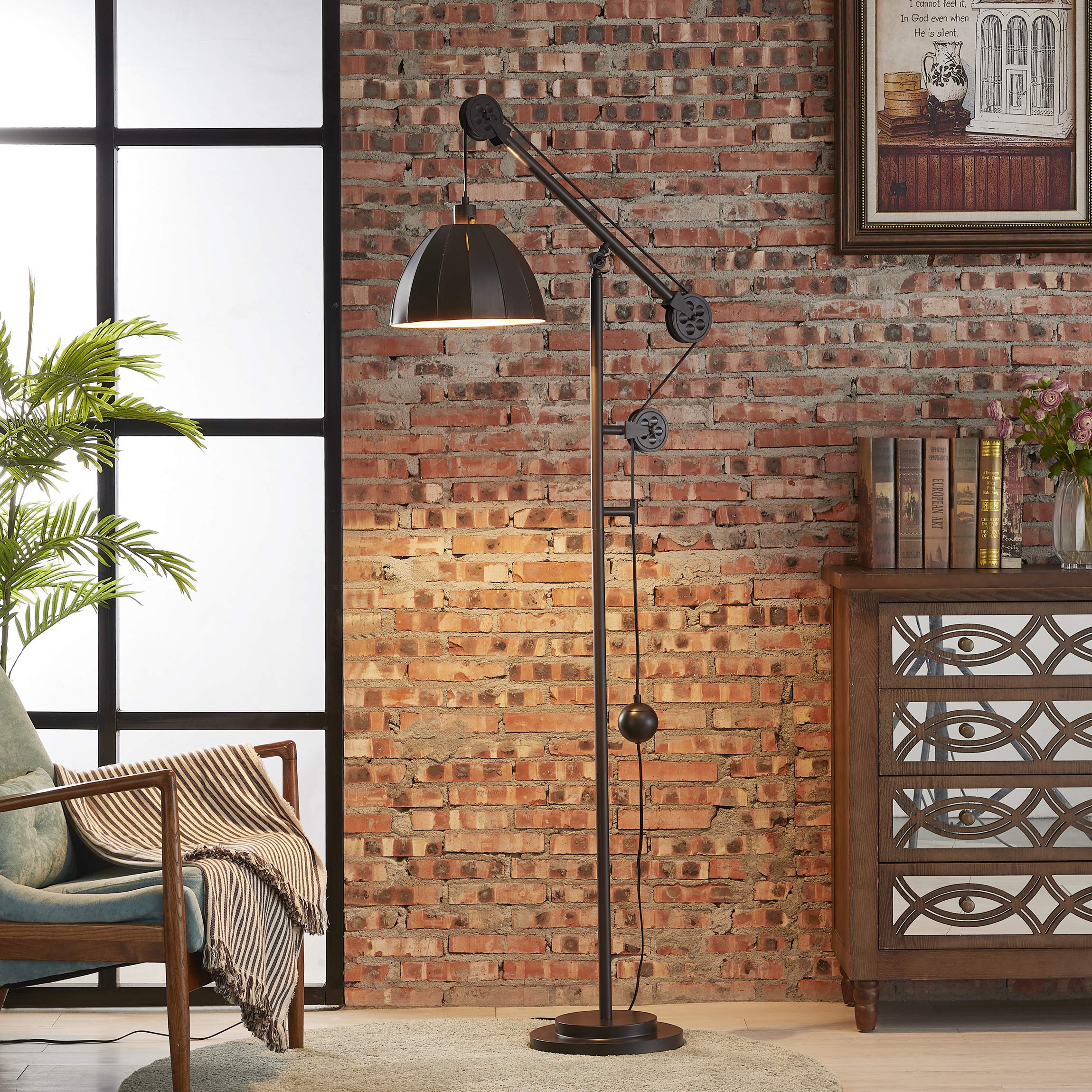 WOXXX Industrial Counterweight Pulley Floor Lamp - Adjustable Metal Shade, Rustic Deep Bronze Finish - Modern Standing Lamp for Living Room, Bedroom, Office & Reading - Farmhouse Style Tall Floor Light for Home Decor & Workspaces