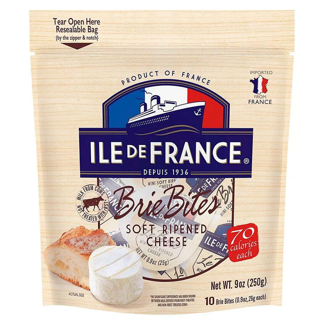 Premium Ile De France Imported Brie Bites Cheese from France - 0.9 oz (Pack of 10) | Gourmet Snack for Wine Pairing, Charcuterie Boards & Party Platters