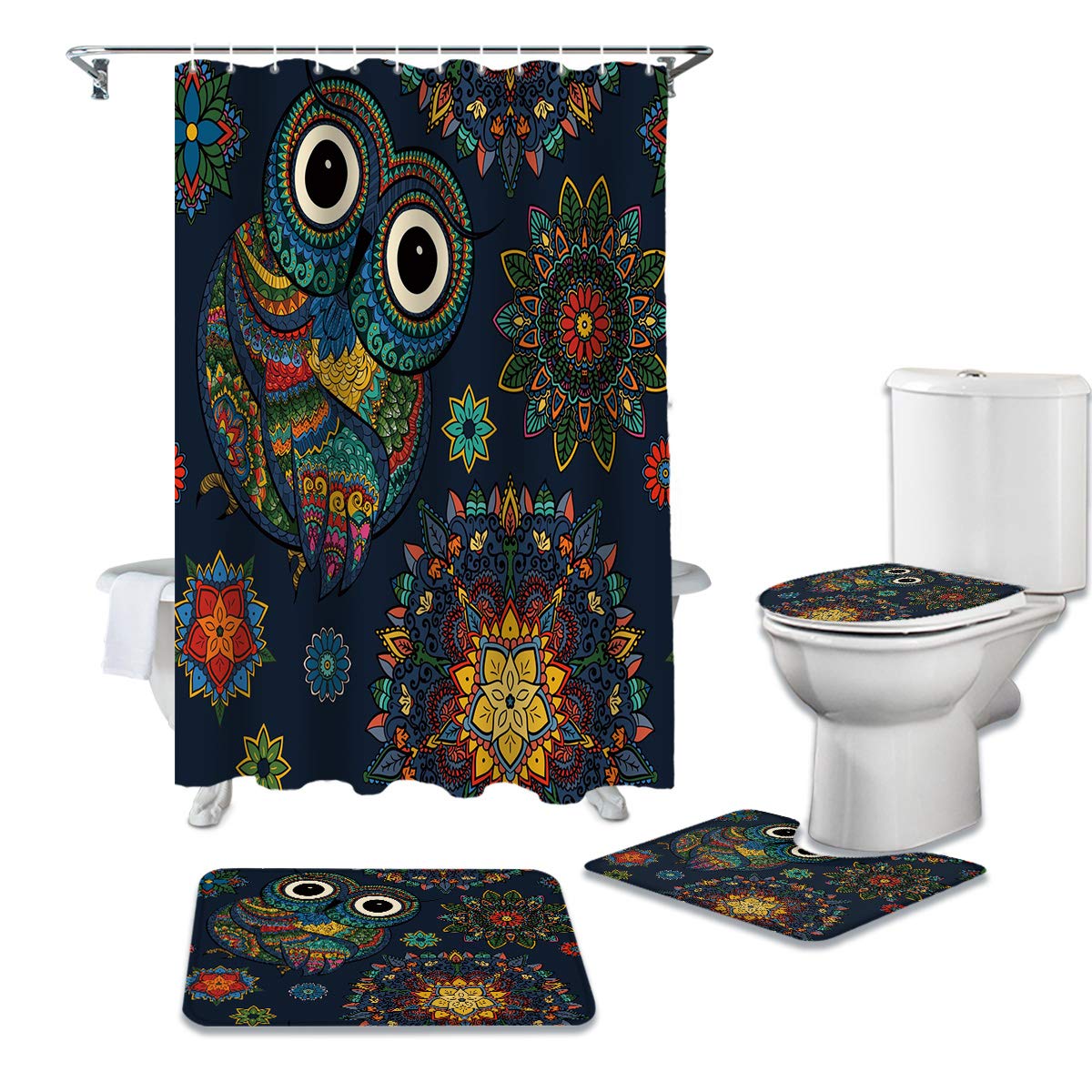 4-Piece Bathroom Rugs Set - Owl & Floral Mandala Design, Waterproof Shower Curtain with Absorbent Rug, U-Shaped Mat & Toilet Lid Cover, 36