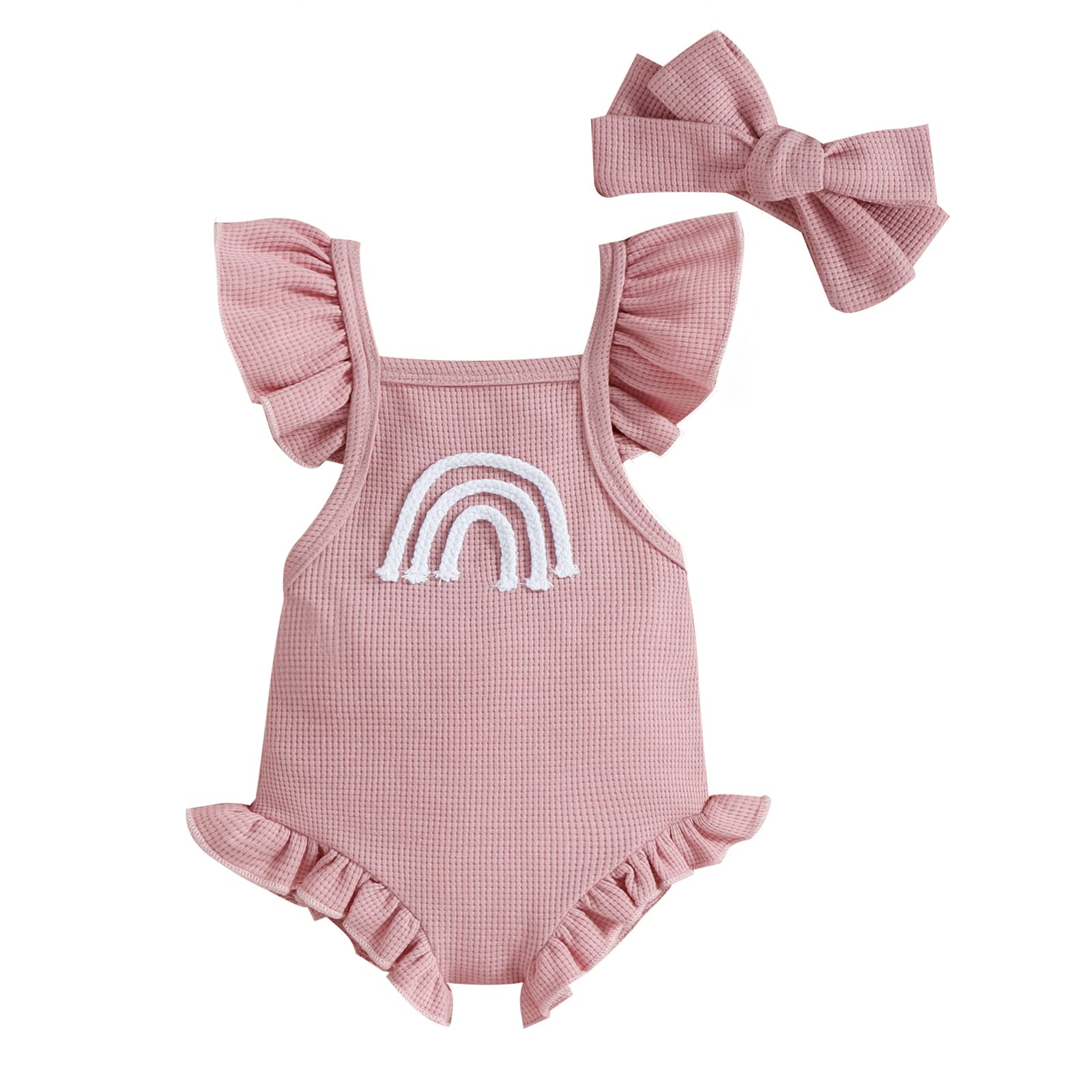 Adorable Newborn Baby Girl Clothes - Rainbow Waffle Knit Romper with Ruffled Sleeveless Design & Matching Headband | Soft Infant Bodysuit for Photo Shoots, Birthday Parties & Everyday Wear