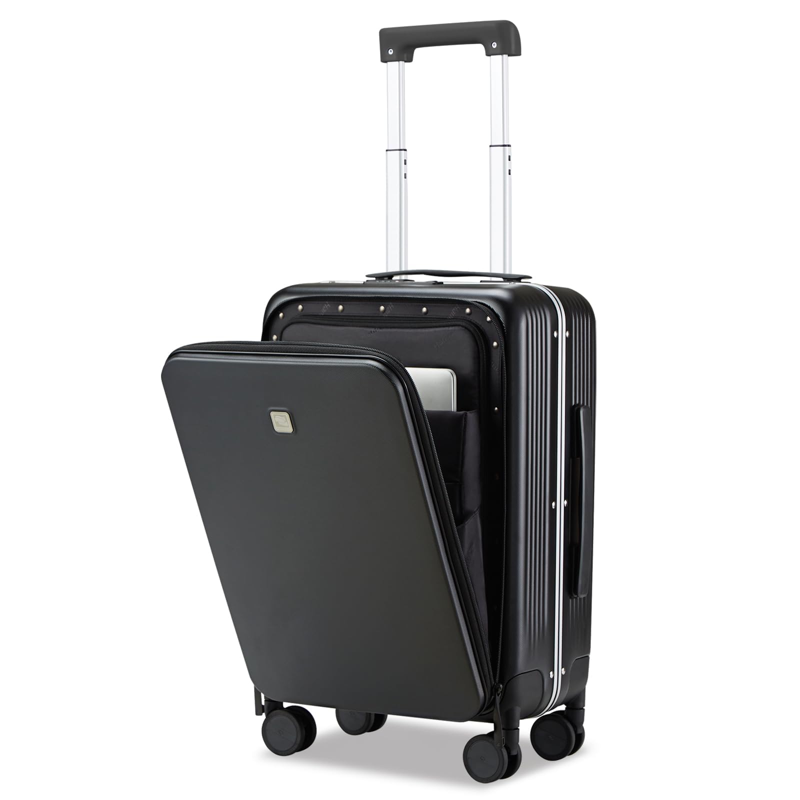 Hanke Grace 20 Inch Hard Shell Carry On Luggage with Wheels - Airline Approved Aluminum Frame Suitcase with Front Pocket for Business Travel & Short Trips (Jet Black) | Perfect for Business Professionals & Weekend Getaways