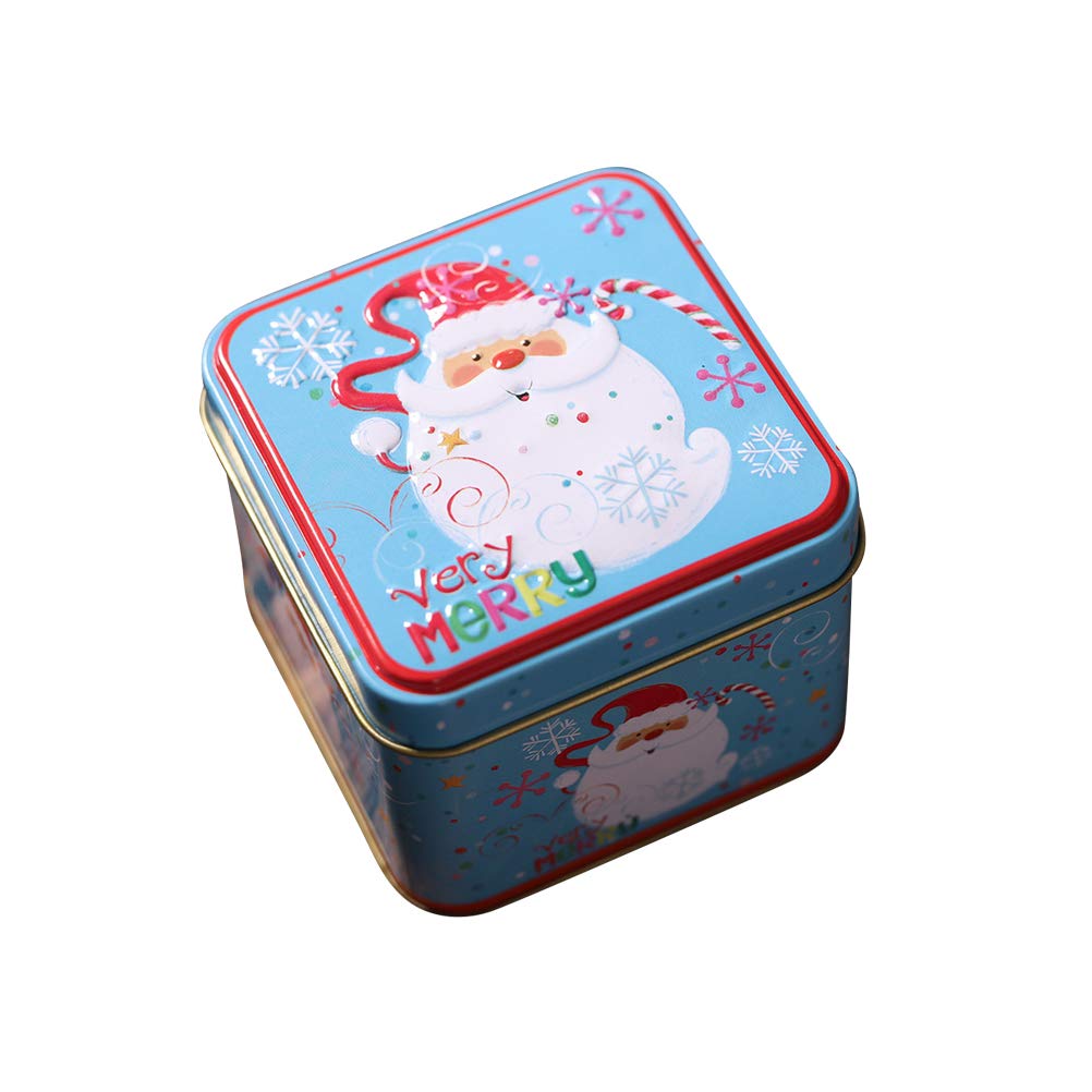 Amosfun Christmas Square Tinplate Candy Box - Blue Santa Claus Gift Box, Delicate Candy Jar & Tea Leaf Container for Snacks, Sugar, Candy | Perfect for Holiday Gifting, Party Favors & Kitchen Storage