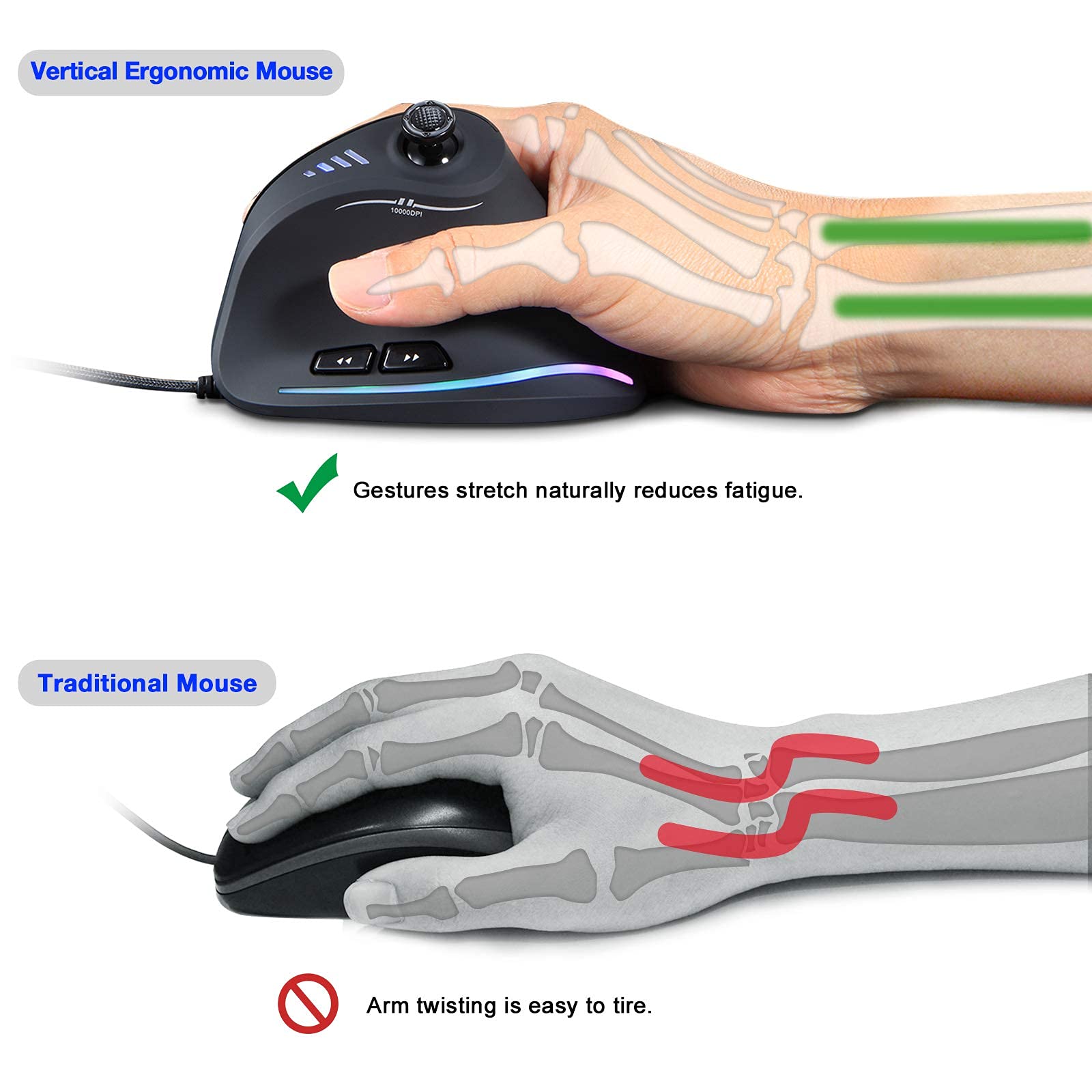 TRELC Ergonomic Vertical Gaming Mouse - 10000 DPI, 5D Rocker, 11 Programmable Buttons - Wired USB Mouse for PC, Laptop, Esports (Black) | Perfect for FPS, MOBA Games & Long Gaming Sessions