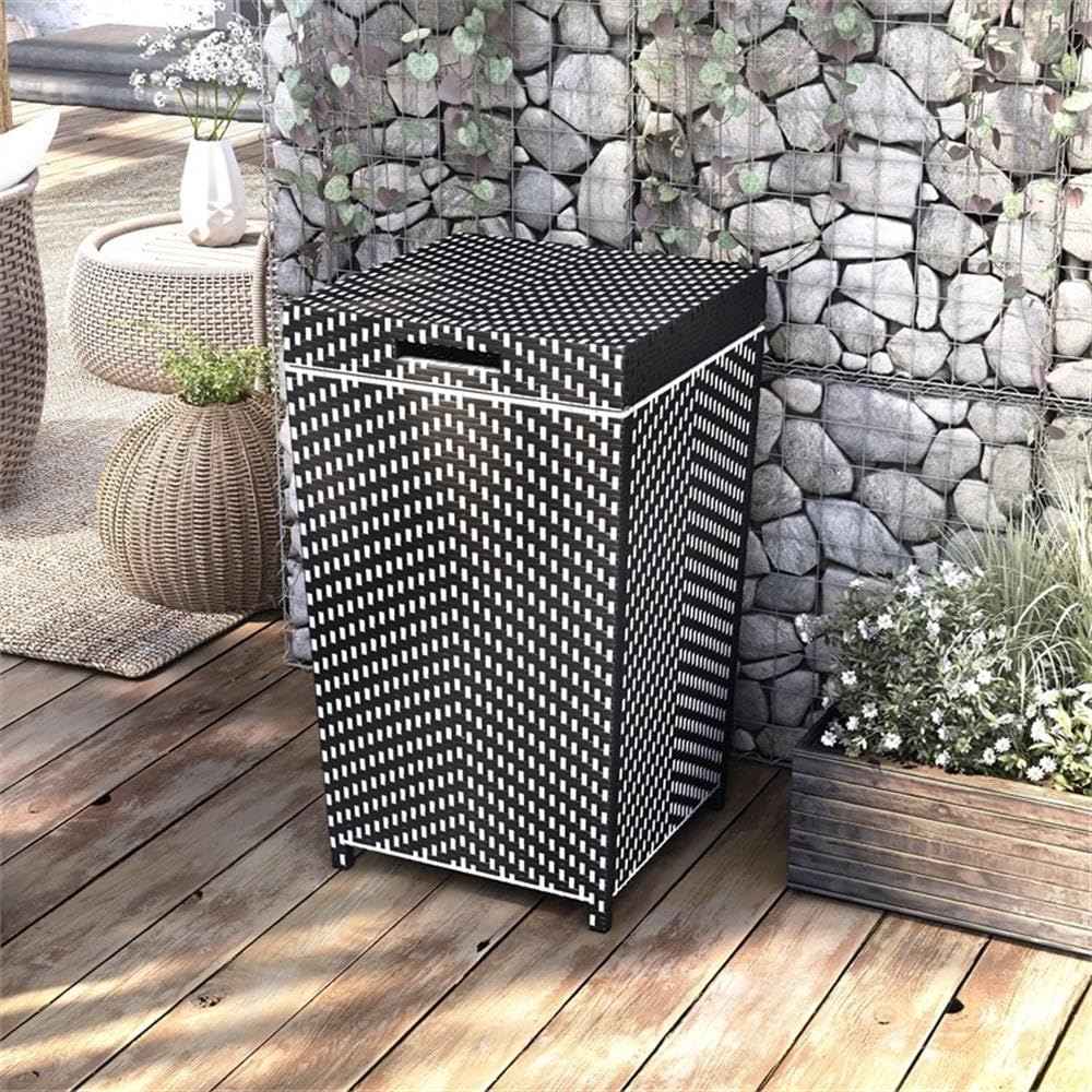 Furniture of America Azur Outdoor Trash Can - Black Aluminum & Wicker Waste Bin for Patio, Garden, and Poolside Use