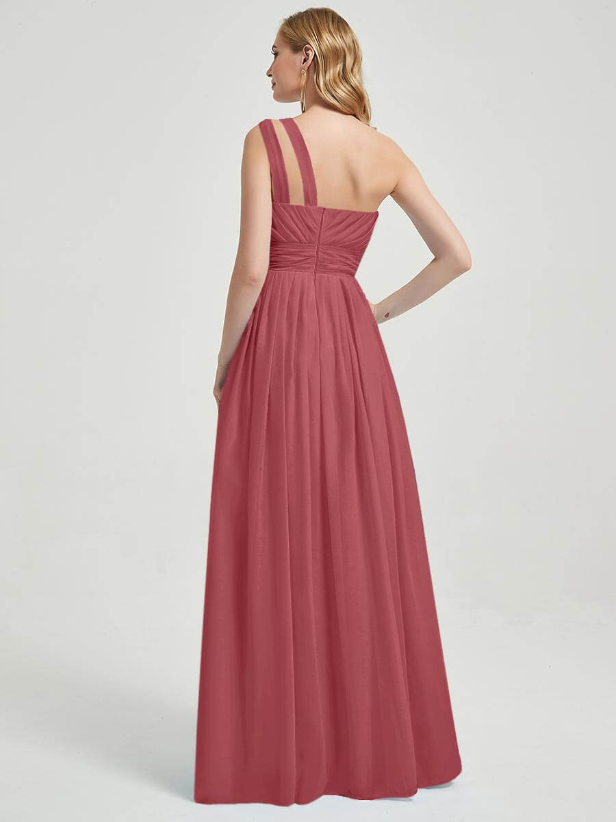 Elegant Desert Rose Pleated One Shoulder Floor-Length Chiffon Bridesmaid Dress for Weddings & Formal Events