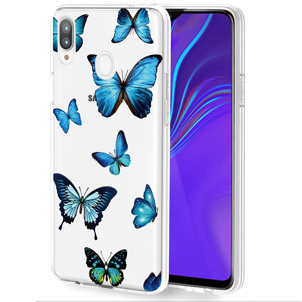 Cute Blue Butterfly Clear Slim Shockproof TPU Case for Samsung Galaxy A20/A30 - Soft Flexible Protective Cover for Women & Girls - Perfect for Everyday Use, Work, and Travel