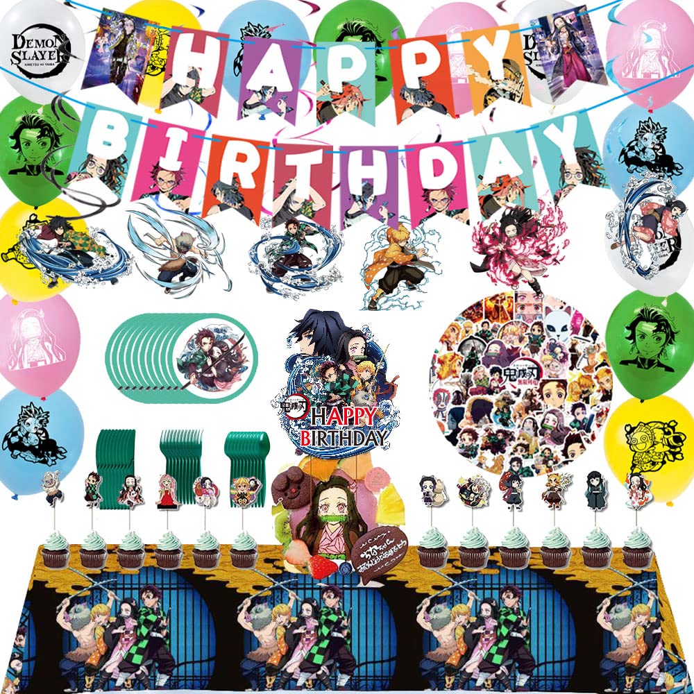 GOTOFUN Demon Slayer Birthday Party Decorations Kit - 126 PCS Anime Themed Party Supplies Set with Banner, Balloons, Tableware & Cake Toppers - Perfect for Anime Birthday Parties, Cosplay Events & Themed Celebrations